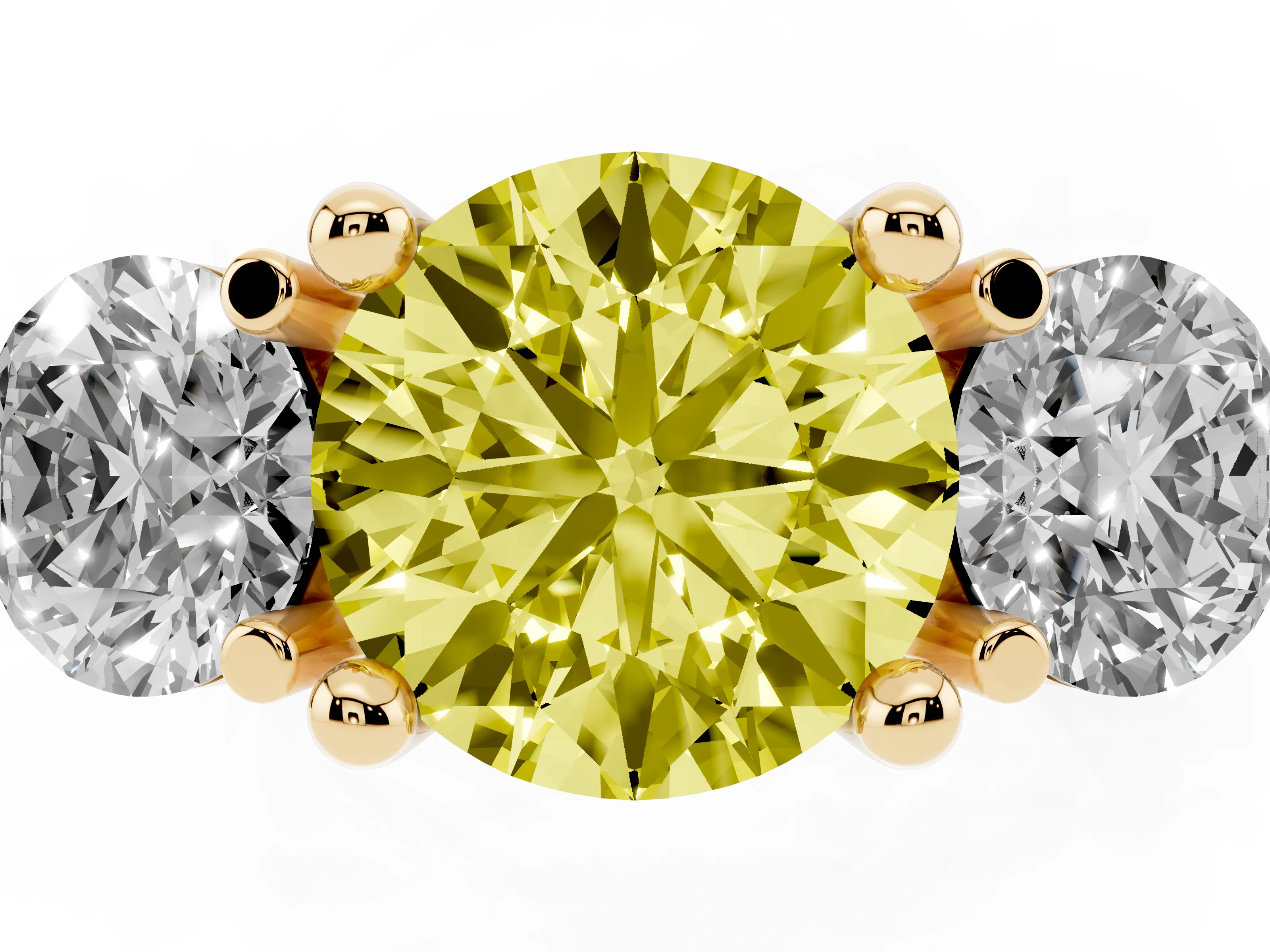 Fancy Yellow Round Cut Diamond Three-Stone Ring Set in Yellow gold with Prong Setting and Classic Band