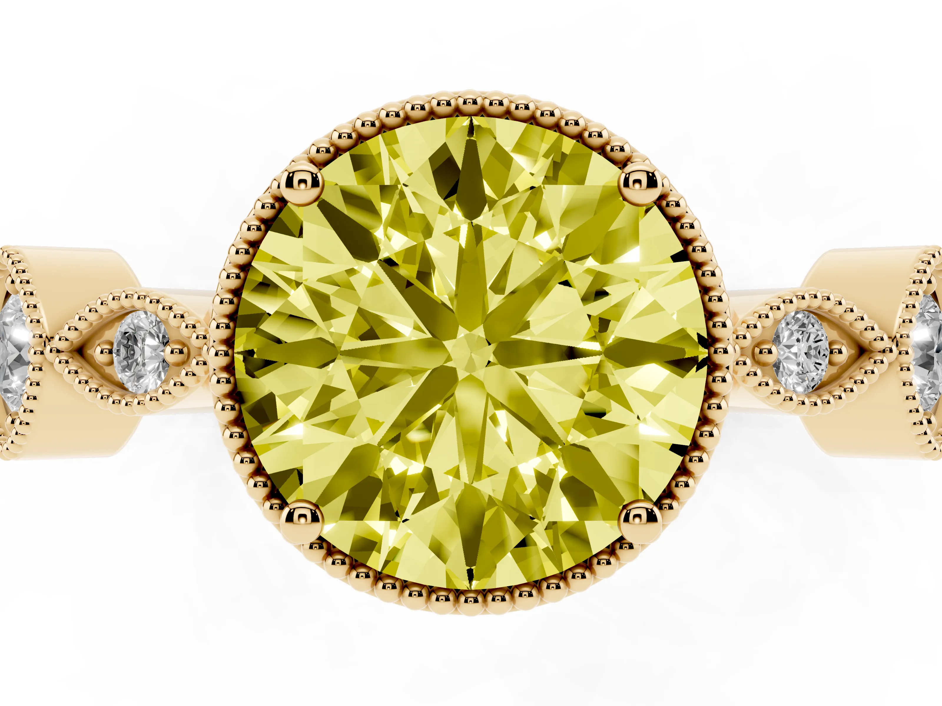 Fancy Yellow Round Cut Diamond Vintage-Inspired Milgrain Ring Set in Yellow gold with Marquise Stations of Round Accents