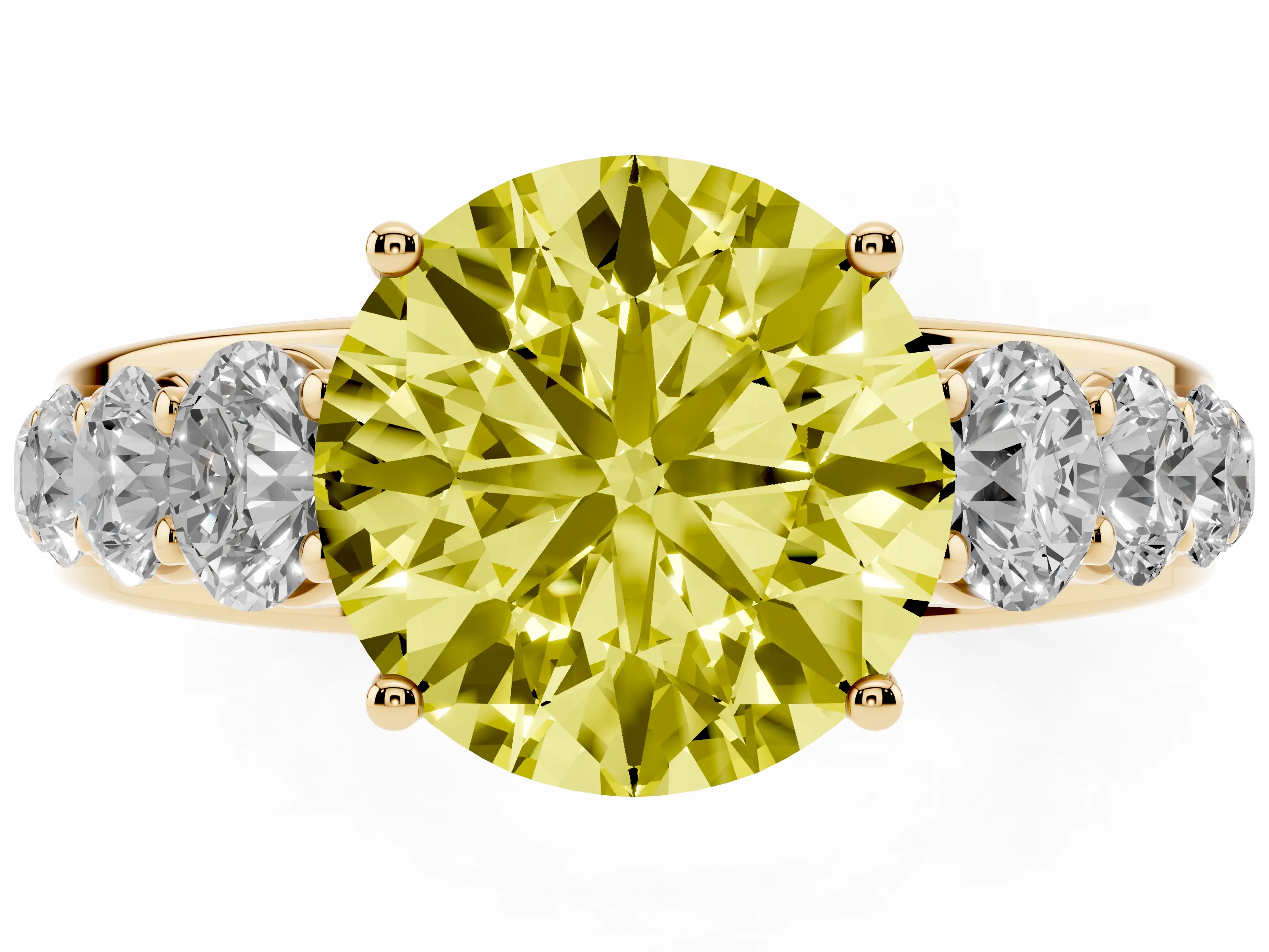 Fancy Yellow Round Cut Diamond Solitaire Ring Set in Yellow gold with Pavé-Set Band and Prong Setting
