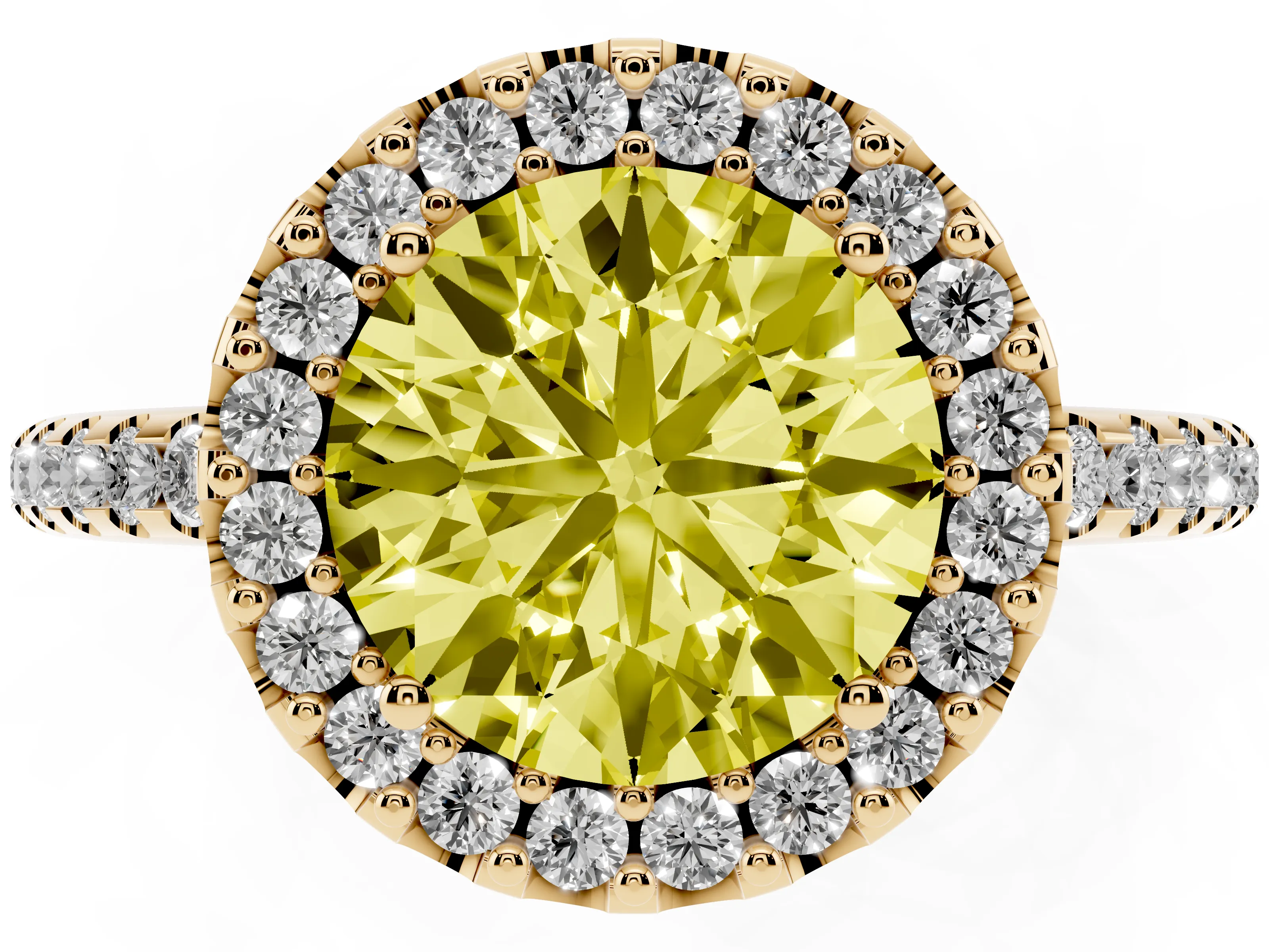 Fancy Yellow Round Cut Diamond Pavé Halo Ring Set in Yellow gold with Prong Setting