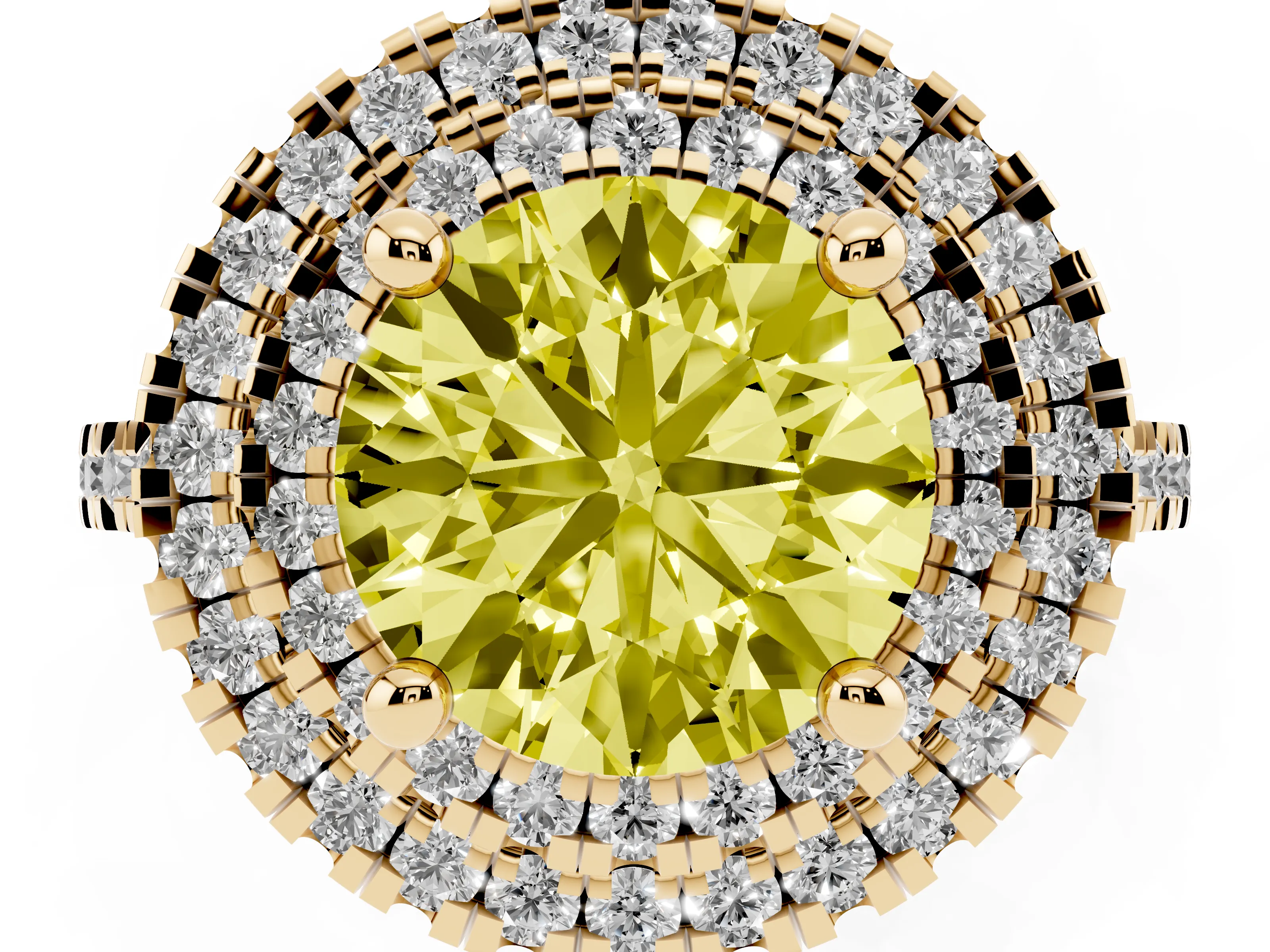 Fancy Yellow Round Cut Diamond Double Halo Statement Ring Set in Yellow gold with Pavé Band