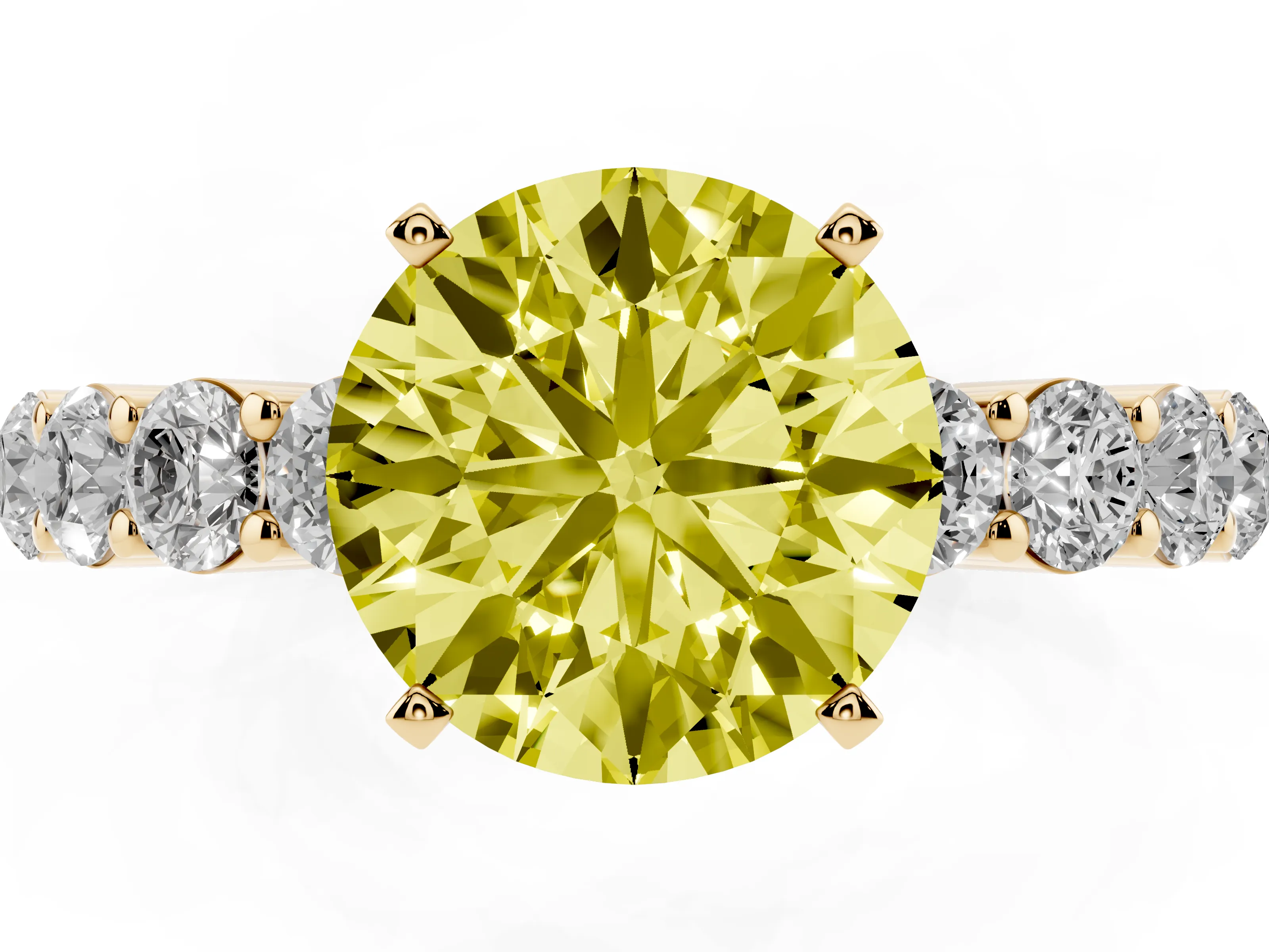 Fancy Yellow Round Cut Diamond Solitaire Ring Set in Yellow gold with Shared Prong Round Side Stones