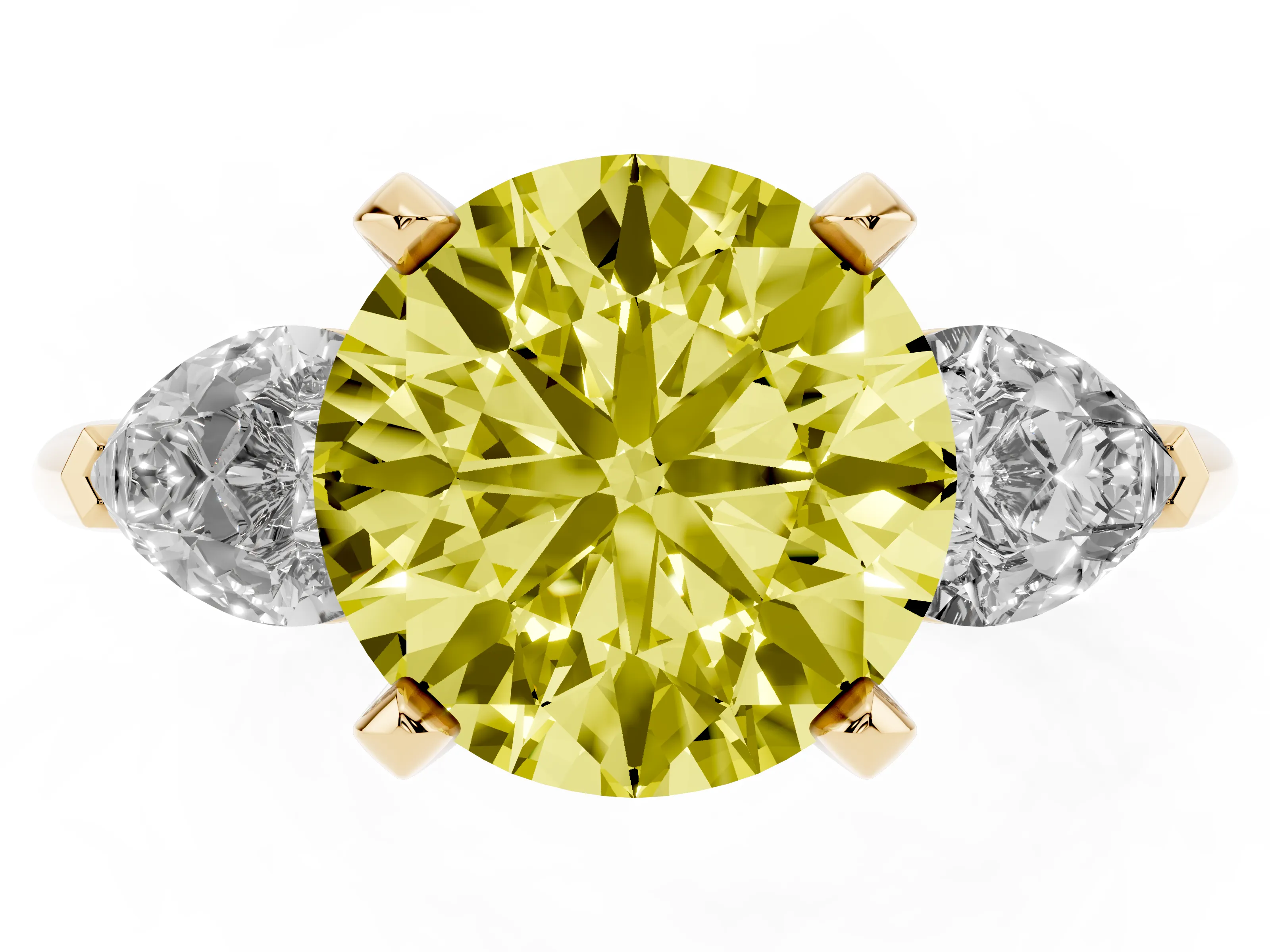 Fancy Yellow Three-Stone Round Cut Diamond Ring Set in Yellow gold with Pear Side Stones and Prong Setting