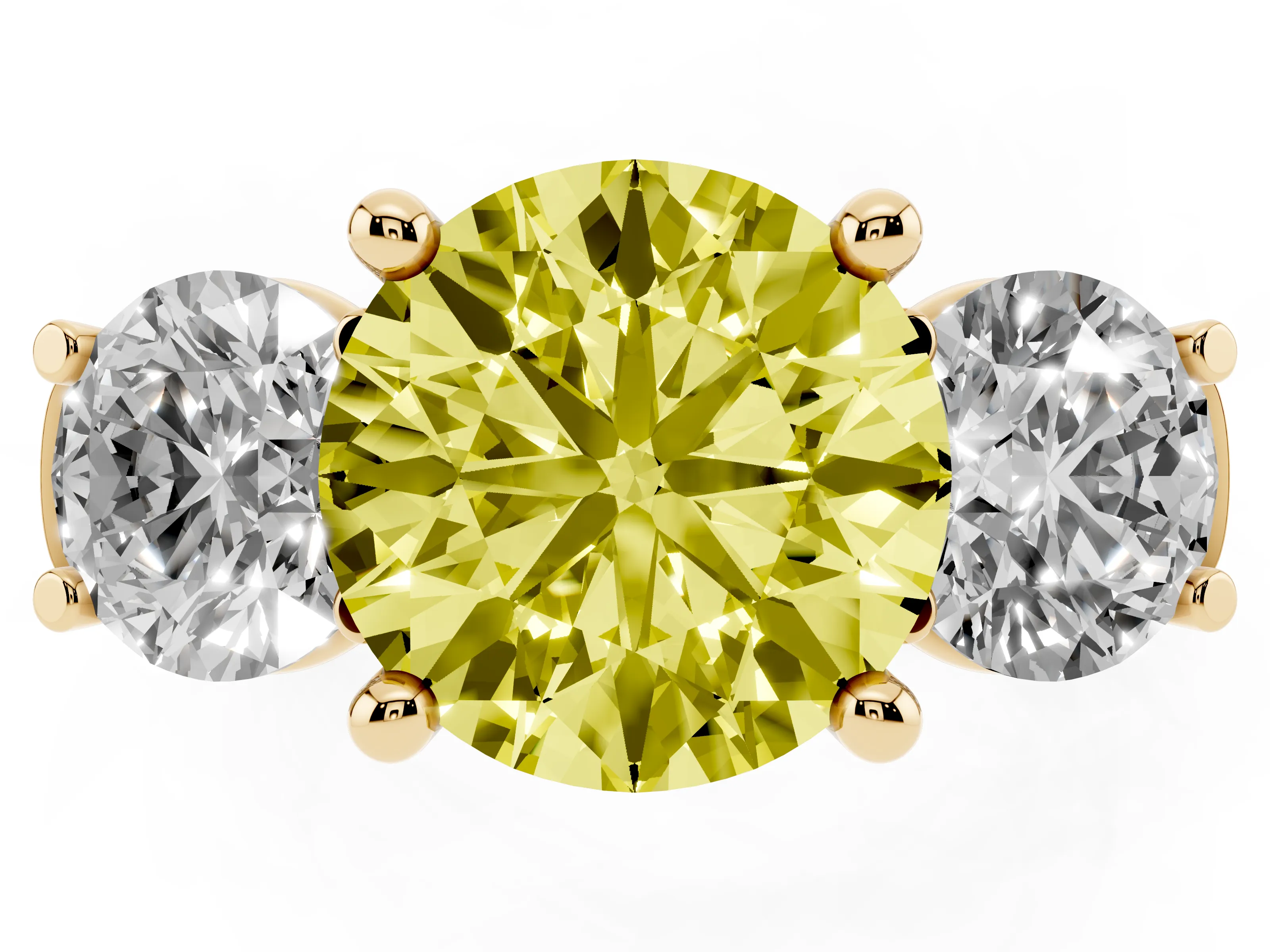 Fancy Yellow Round Cut Diamond Three-Stone Trellis Ring Set in Yellow gold with Comfort Fit Band