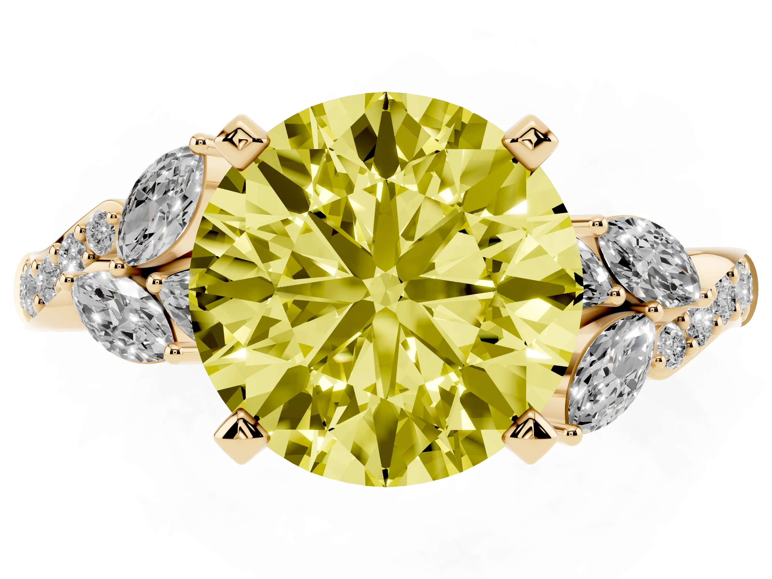 Fancy Yellow Round Cut Diamond Solitaire Ring Set in Yellow gold with Marquise Twist Band and Prong Setting