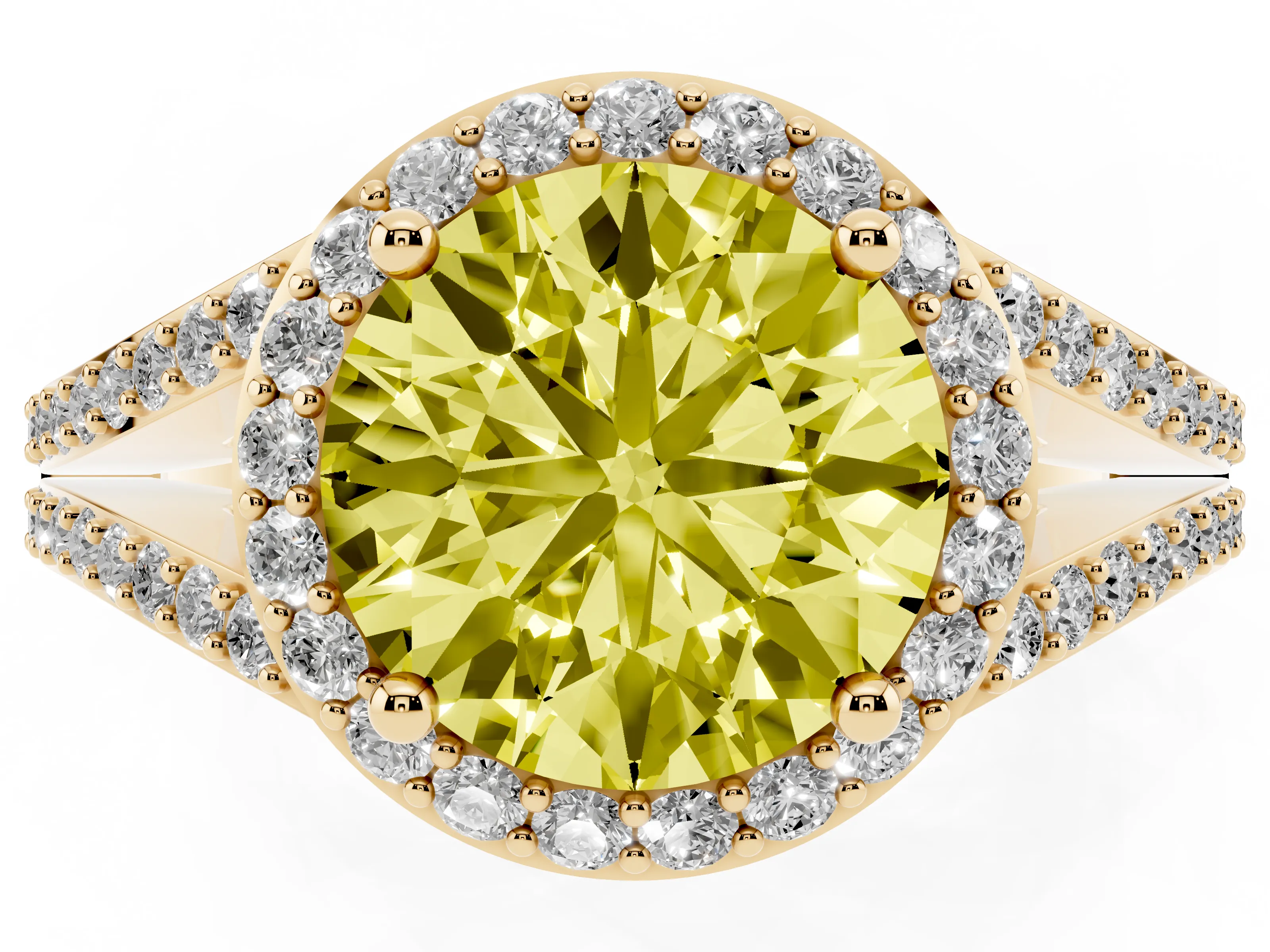 Fancy Yellow Round Cut Diamond Halo Split Shank Pavé Ring Set in Yellow gold with Prong Setting