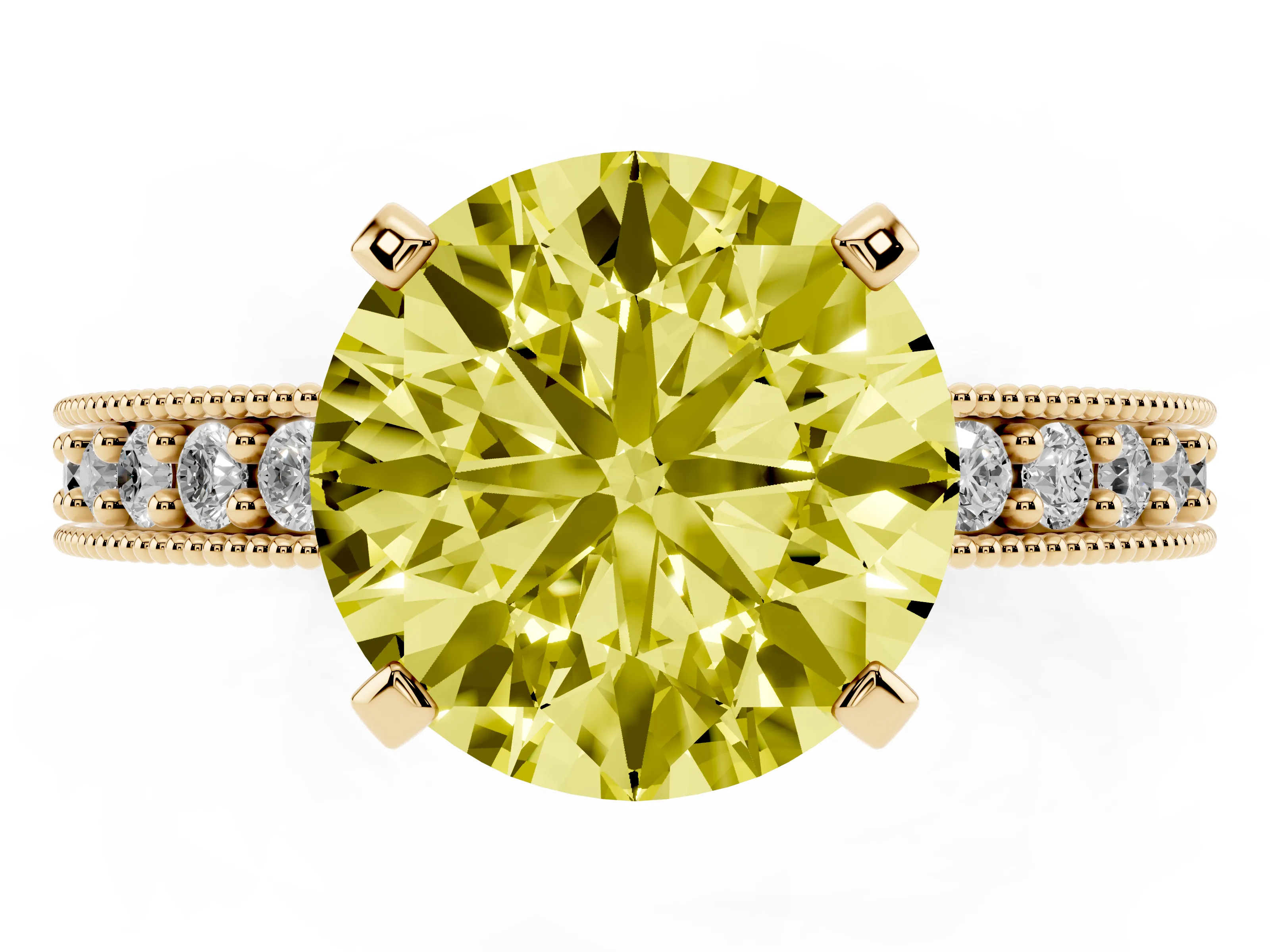 Fancy Yellow Round Cut Diamond Milgrain Pavé Engagement Ring Set in Yellow gold with Prong Setting