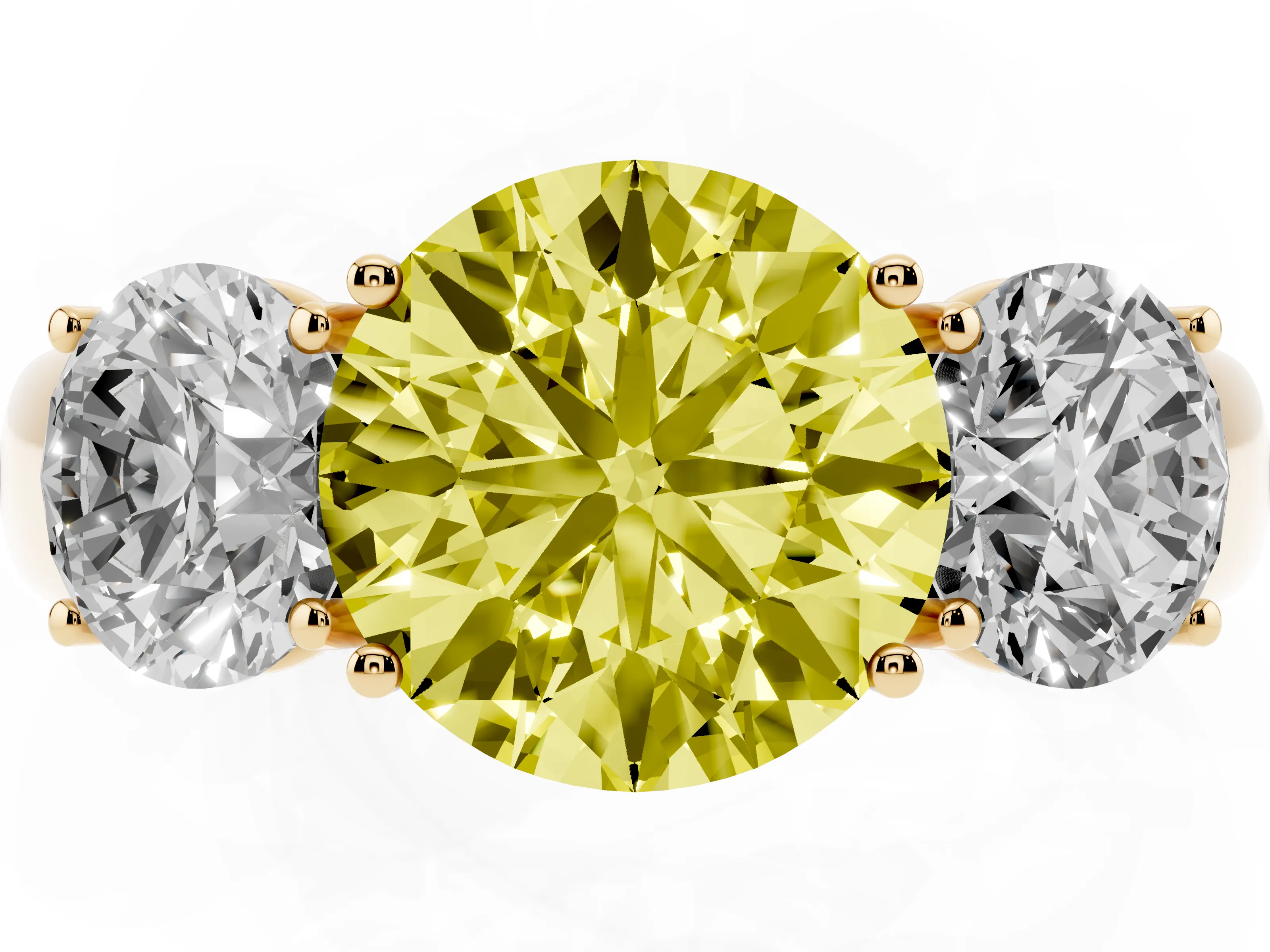 Fancy Yellow Three-Stone Round Cut Diamond Ring Set in Yellow gold with Matching Prong Settings and Plain Band