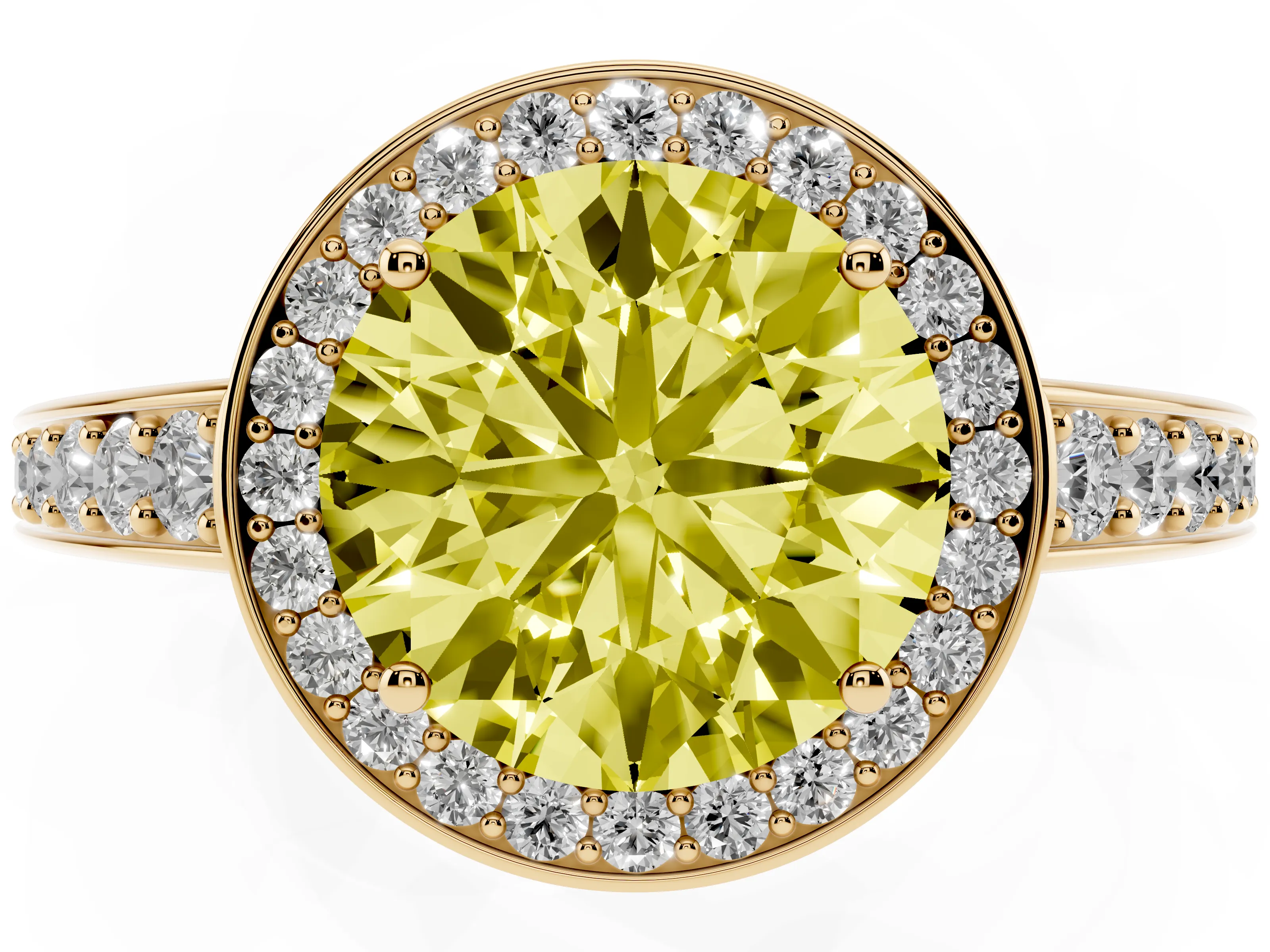 Fancy Yellow Round Cut Diamond Halo Pavé Engagement Ring Set in Yellow gold with Bezel Setting