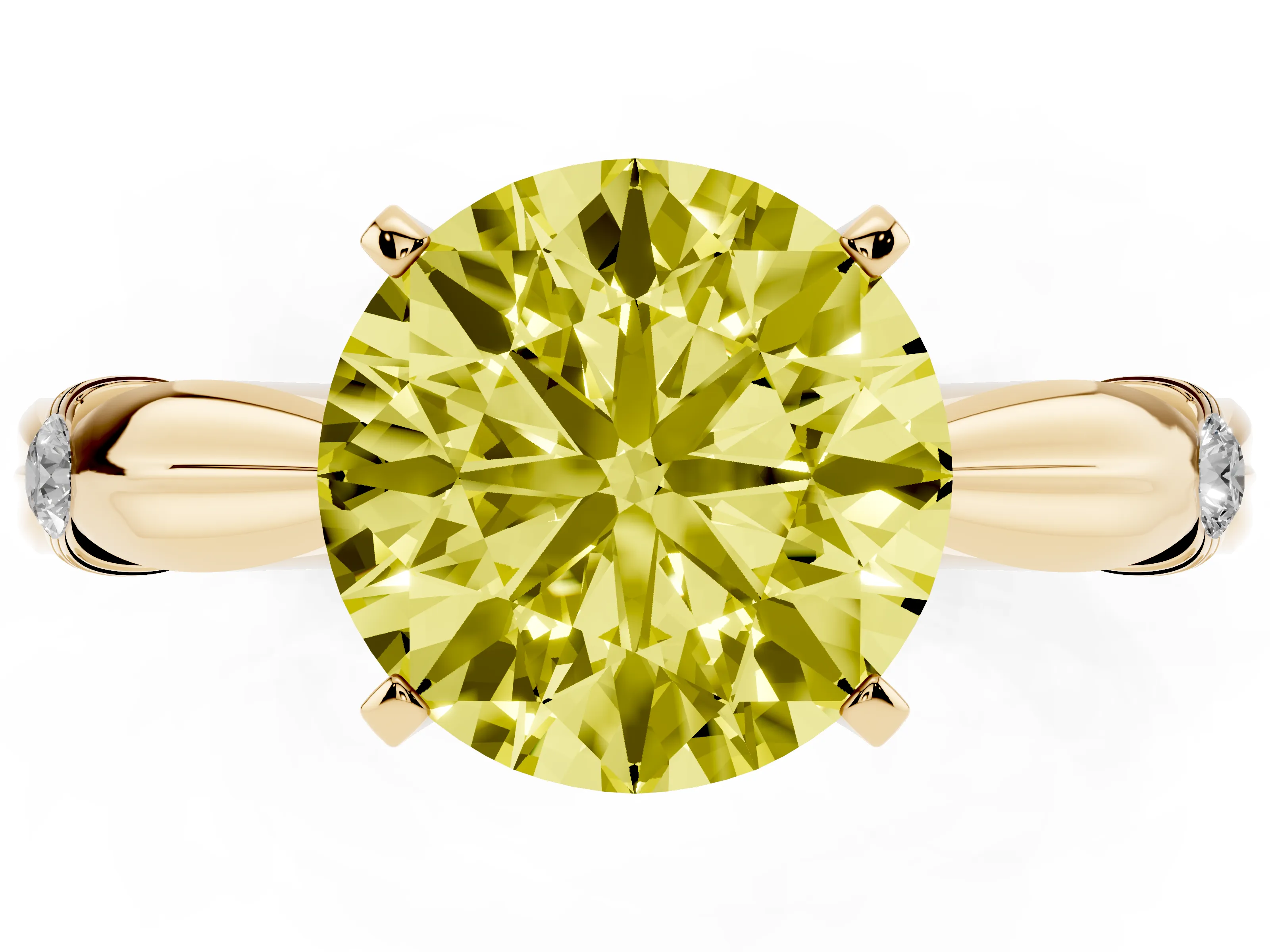 Fancy Yellow Round Cut Diamond Solitaire Twisted Band Ring Set in Yellow gold with Accent Stones and Prong Setting