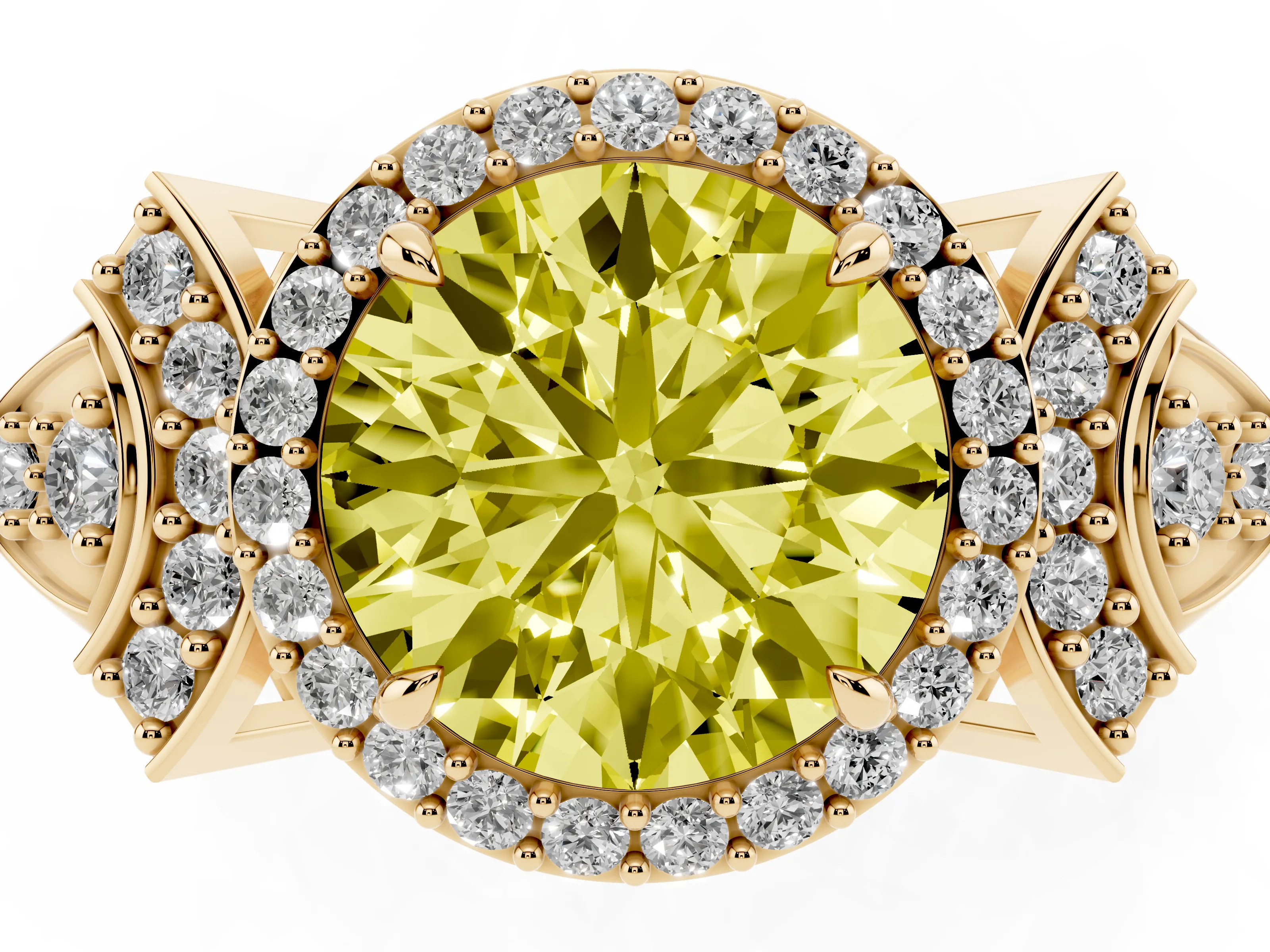 Fancy Yellow Round Cut Diamond Halo Engagement Ring Set in Yellow gold with Accent Stone Split Shank