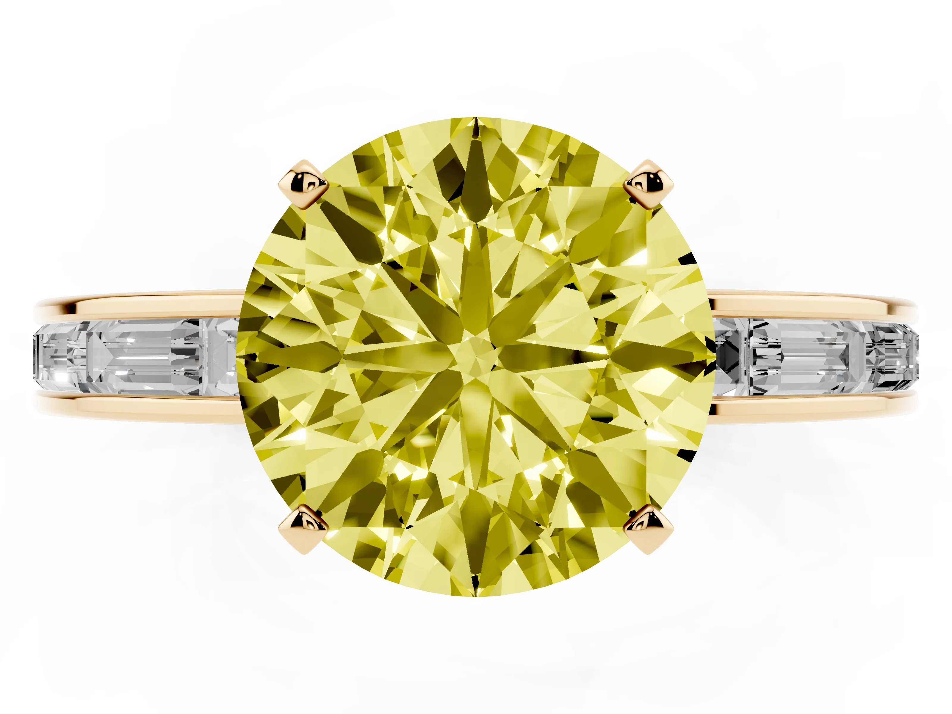 Fancy Yellow Round Cut Diamond Solitaire Ring Set in Yellow gold with Channel-Set Baguette Band and Prong Setting