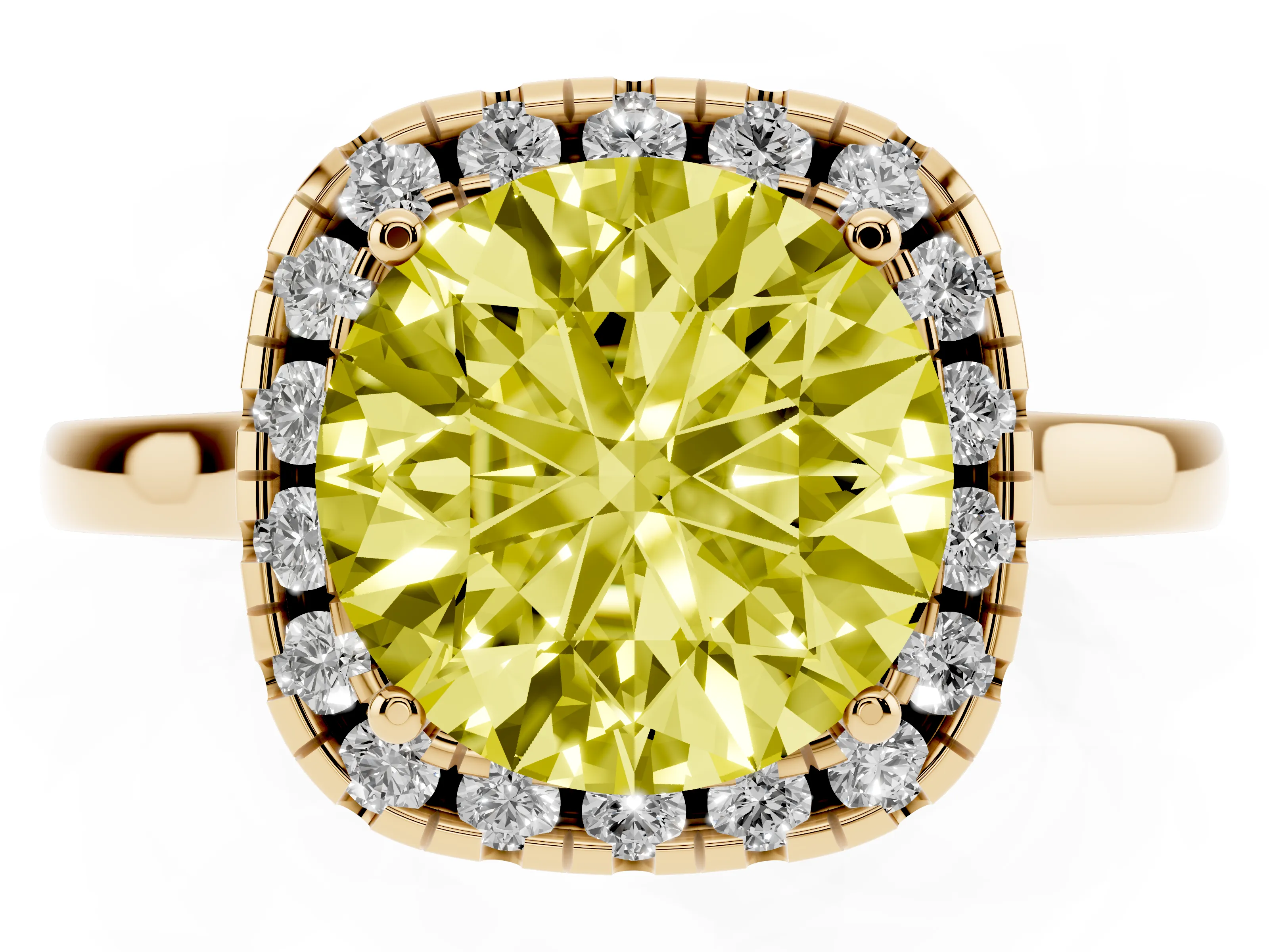 Fancy Yellow Round Cut Halo Round Diamond Solitaire Ring Set in Yellow gold with Pavé Band and Prong Setting