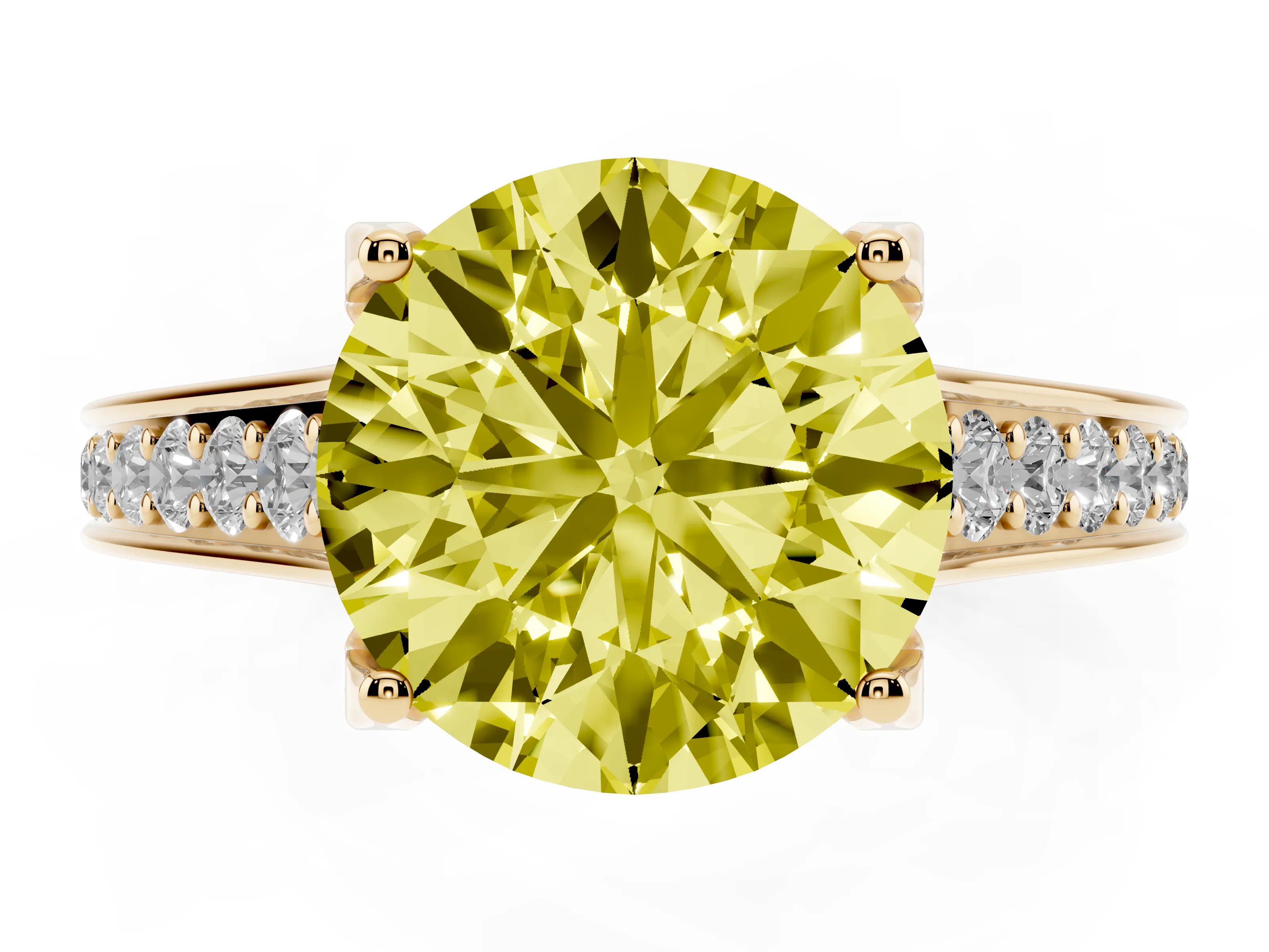 Fancy Yellow Round Cut Diamond Solitaire Pavé Engagement Ring Set in Yellow gold with Prong Setting