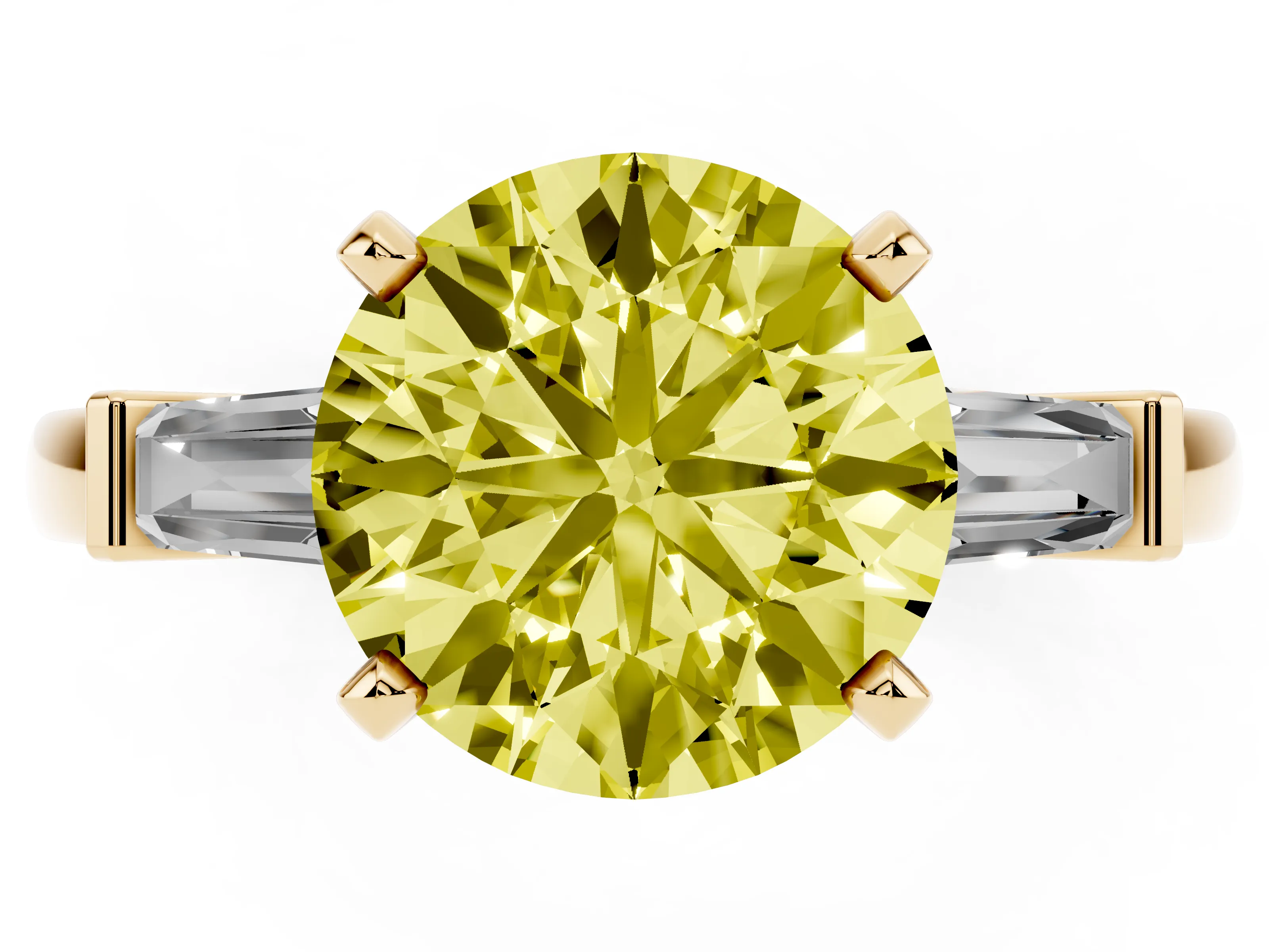 Fancy Yellow Round Cut Diamond Solitaire Ring Set in Yellow gold with Tapered Baguette Accents and Prong Setting