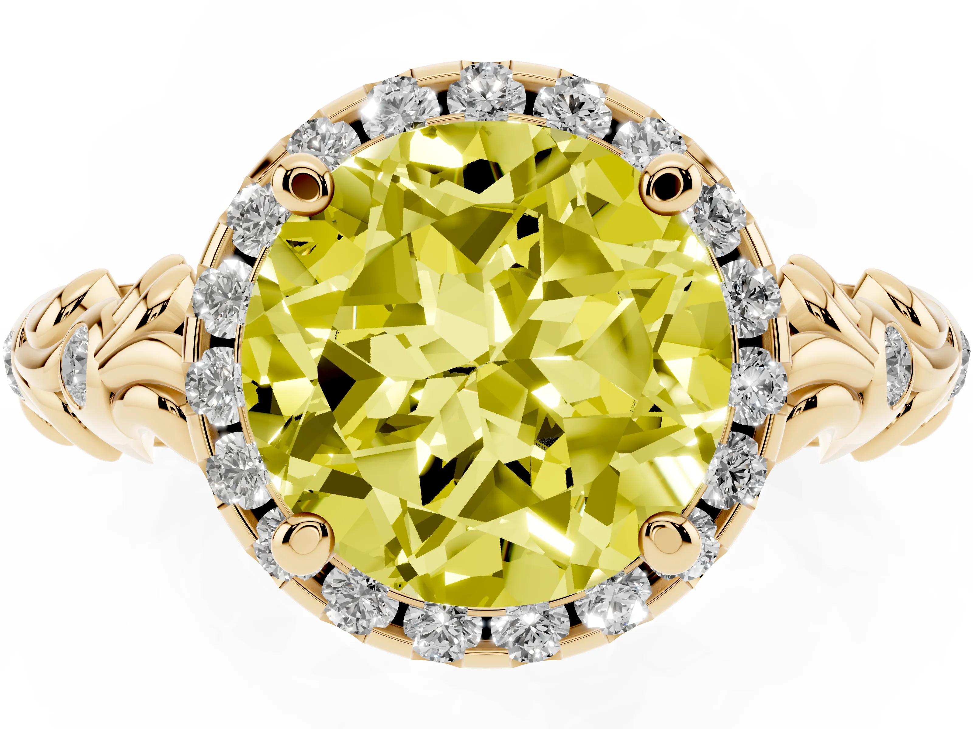 Fancy Yellow Round Cut Diamond Halo Ring Set in Yellow gold with Filigree Leaf Band and Prong Setting