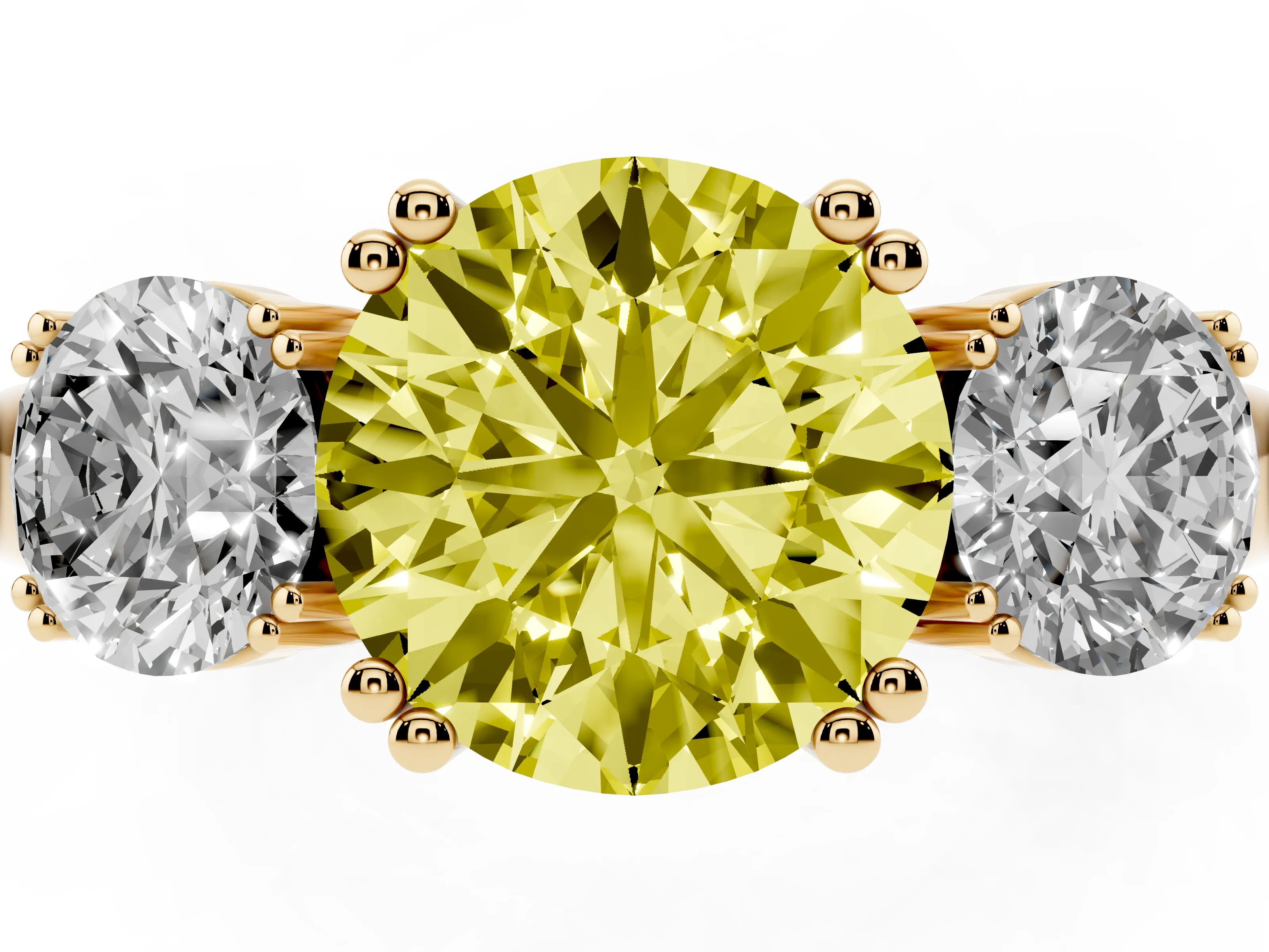 Fancy Yellow Round Cut Diamond Three-Stone Ring Set in Yellow gold with Polished Channel-Set Band