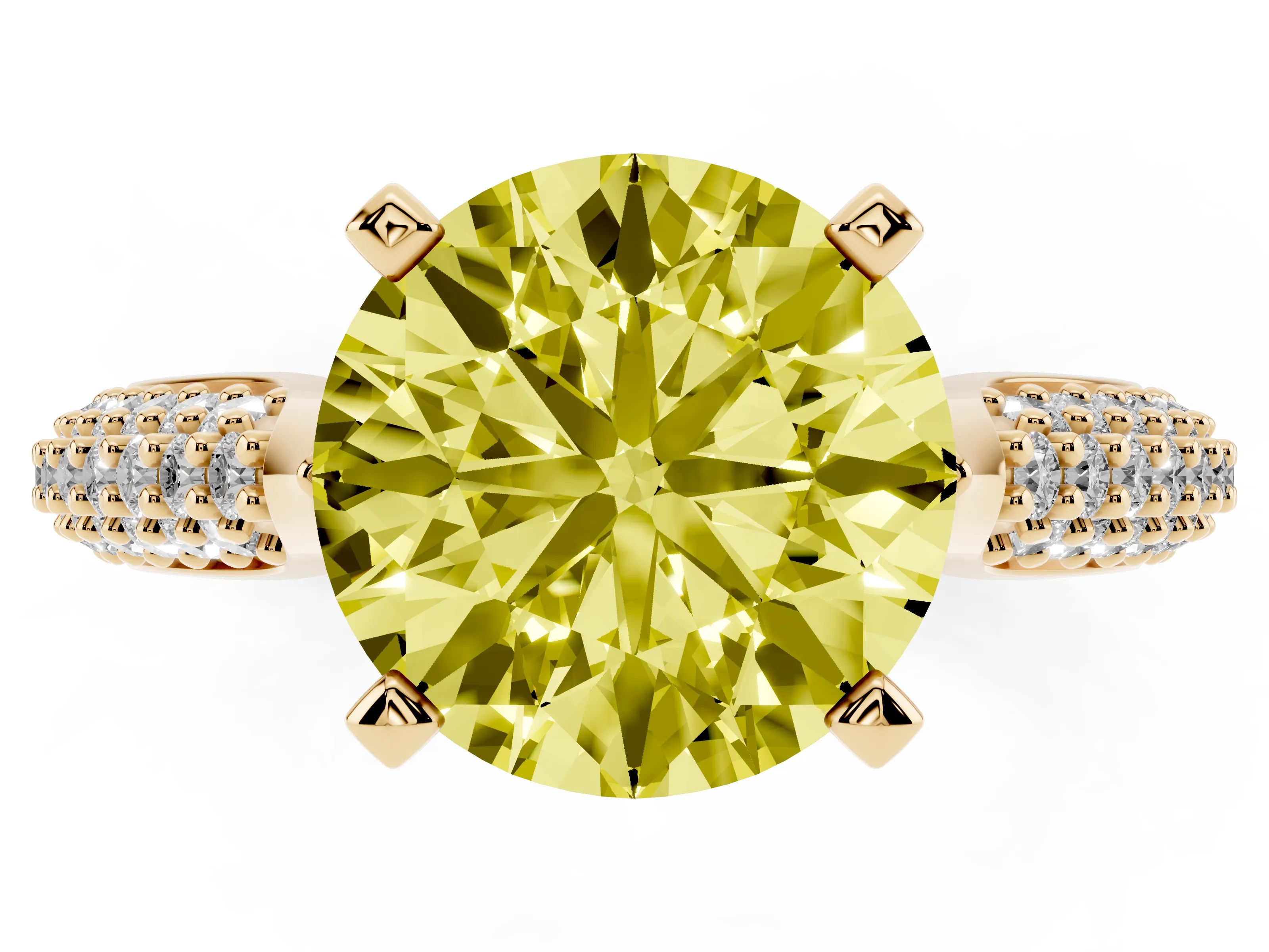 Fancy Yellow Round Cut Diamond Solitaire Engagement Ring Set in Yellow gold with Multi-Row Round Pavé Band and Prong Setting