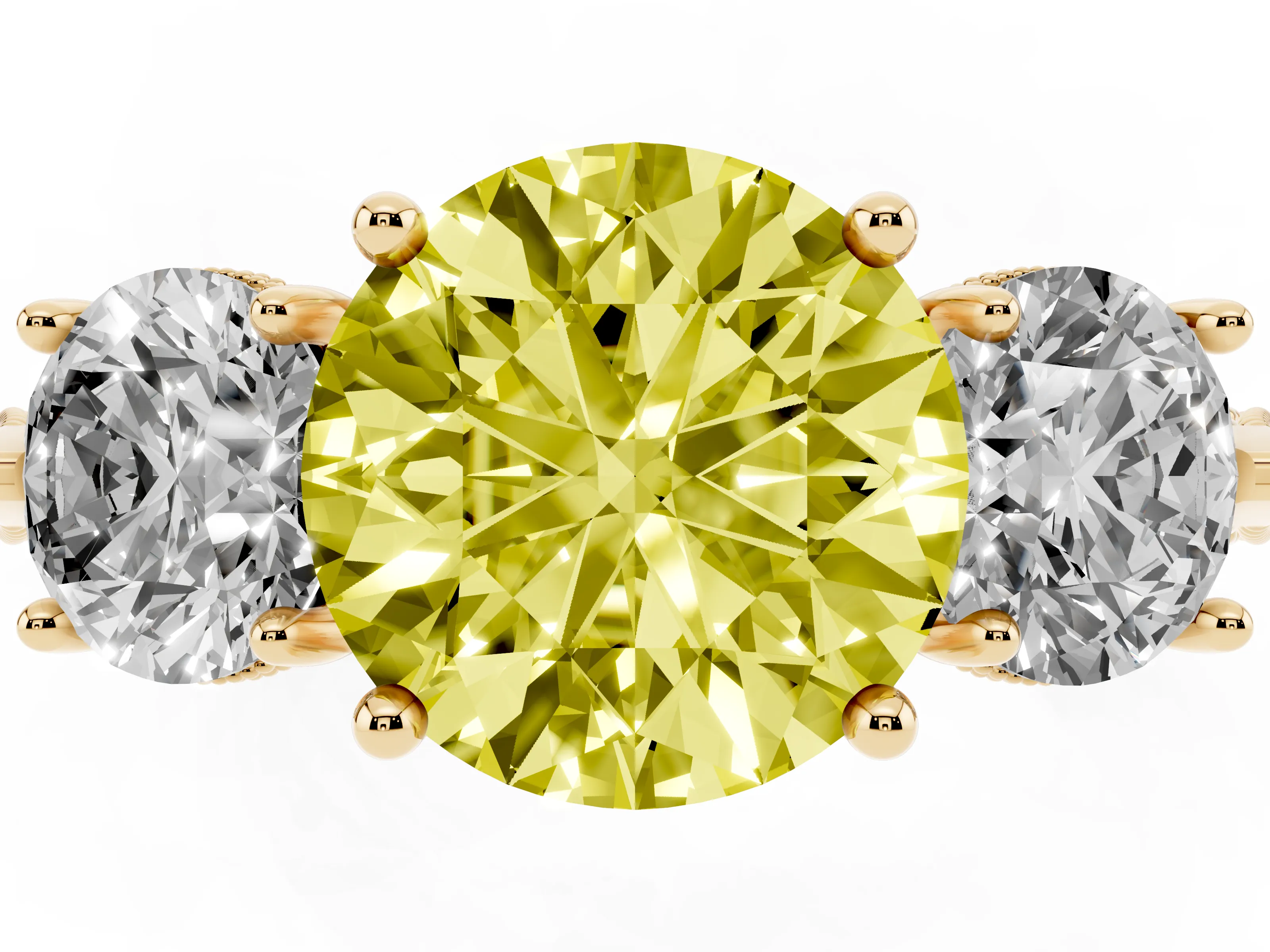 Fancy Yellow Round Cut Diamond Three-Stone Ring Set in Yellow gold with Milgrain Band