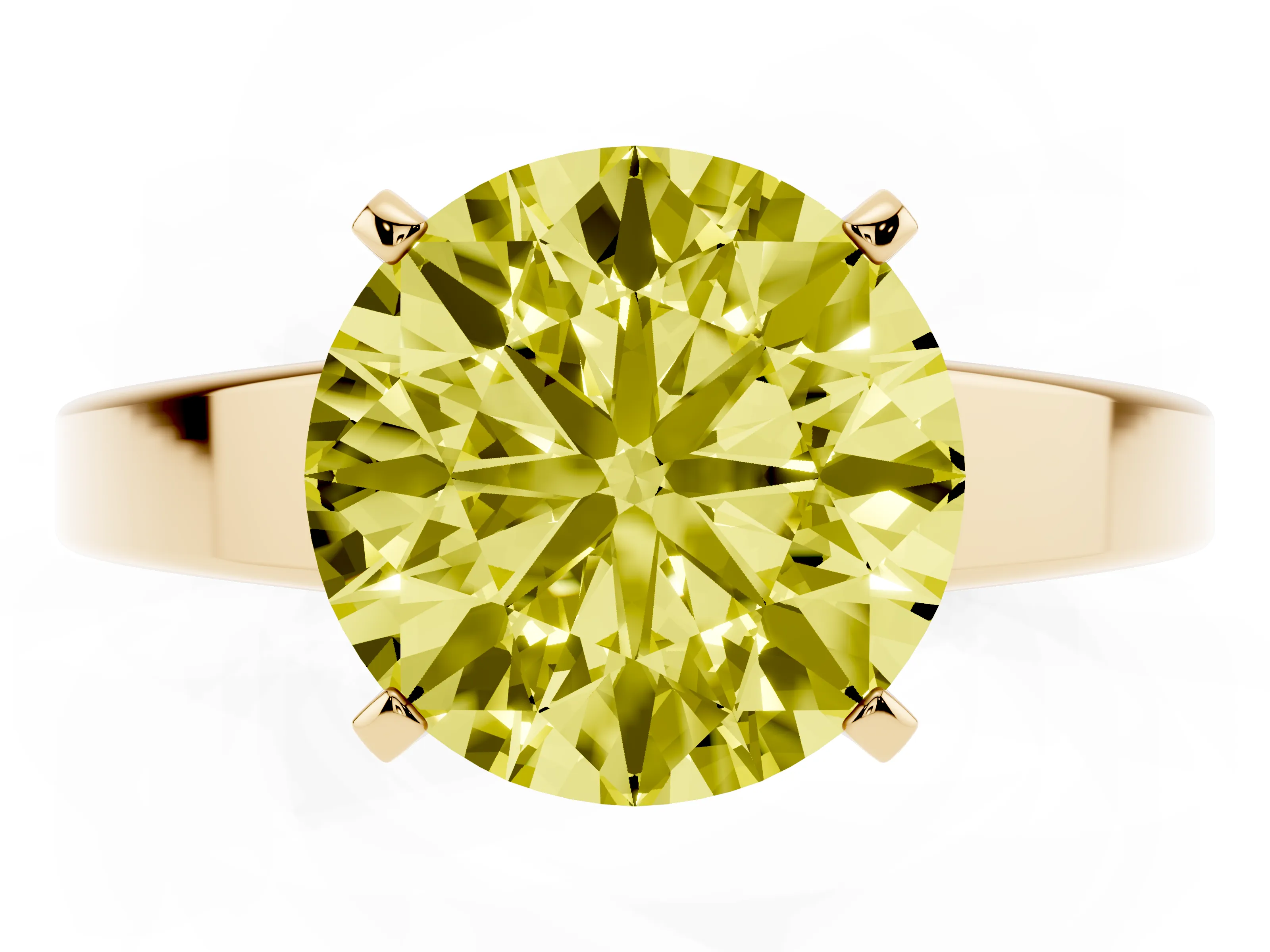 Fancy Yellow Round Cut Diamond Solitaire Engagement Ring Set in Yellow gold with Prong Setting and Tapered Band