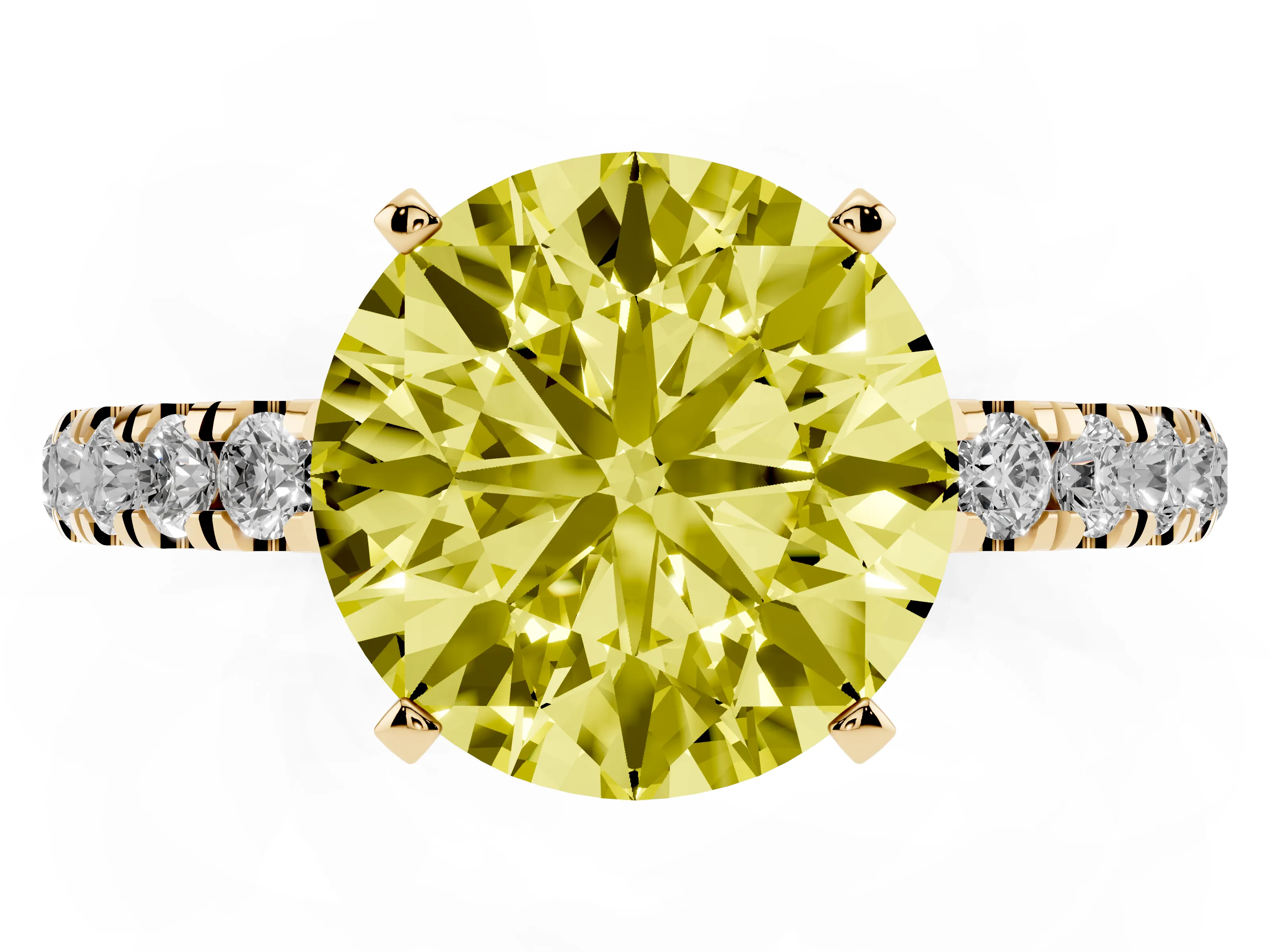 Fancy Yellow Round Cut Diamond Solitaire Ring Set in Yellow gold with Pavé Accents and Prong Setting