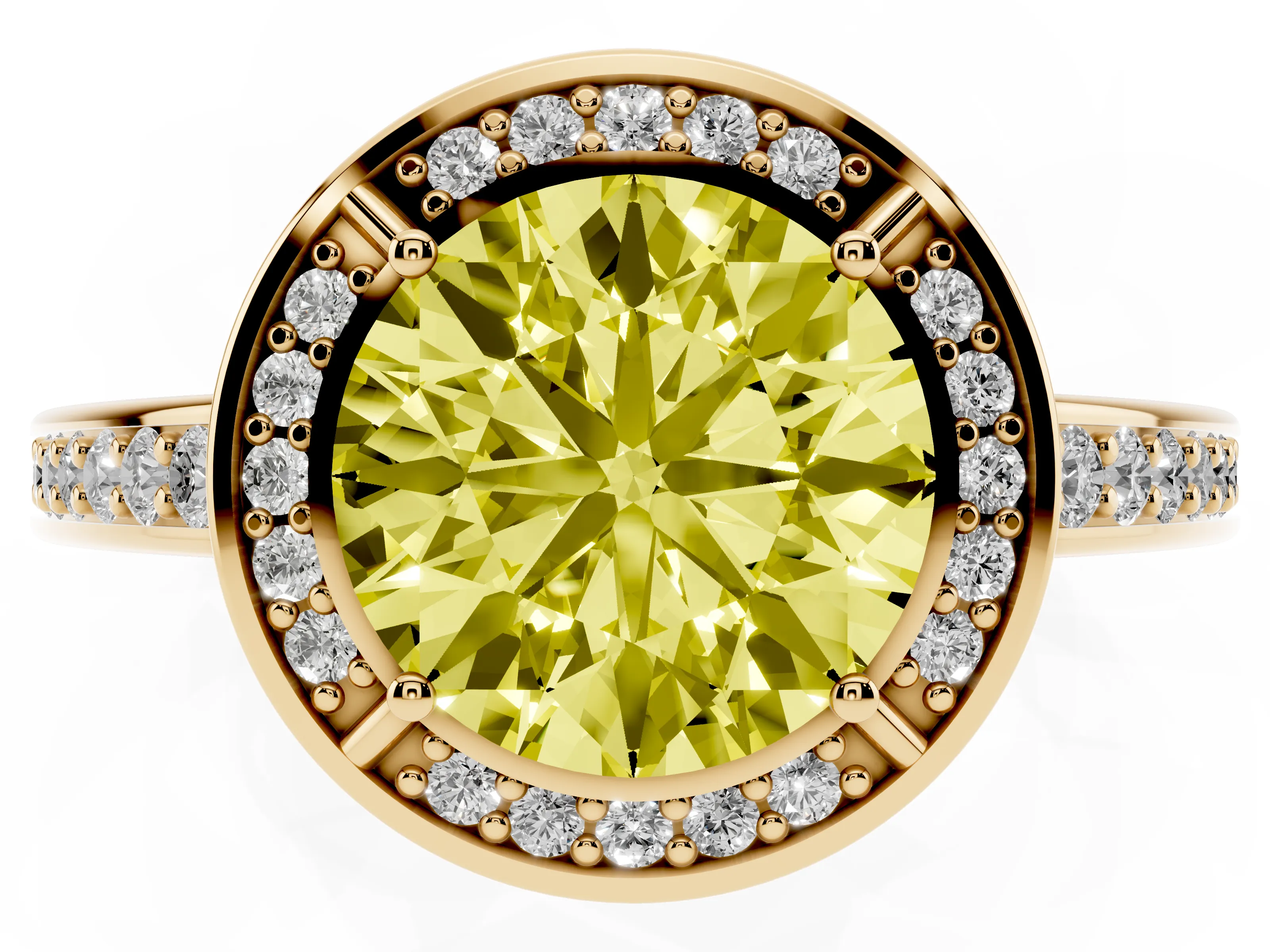 Fancy Yellow Round Cut Diamond Halo Pavé Split Shank Ring Set in Yellow gold with Prong Setting