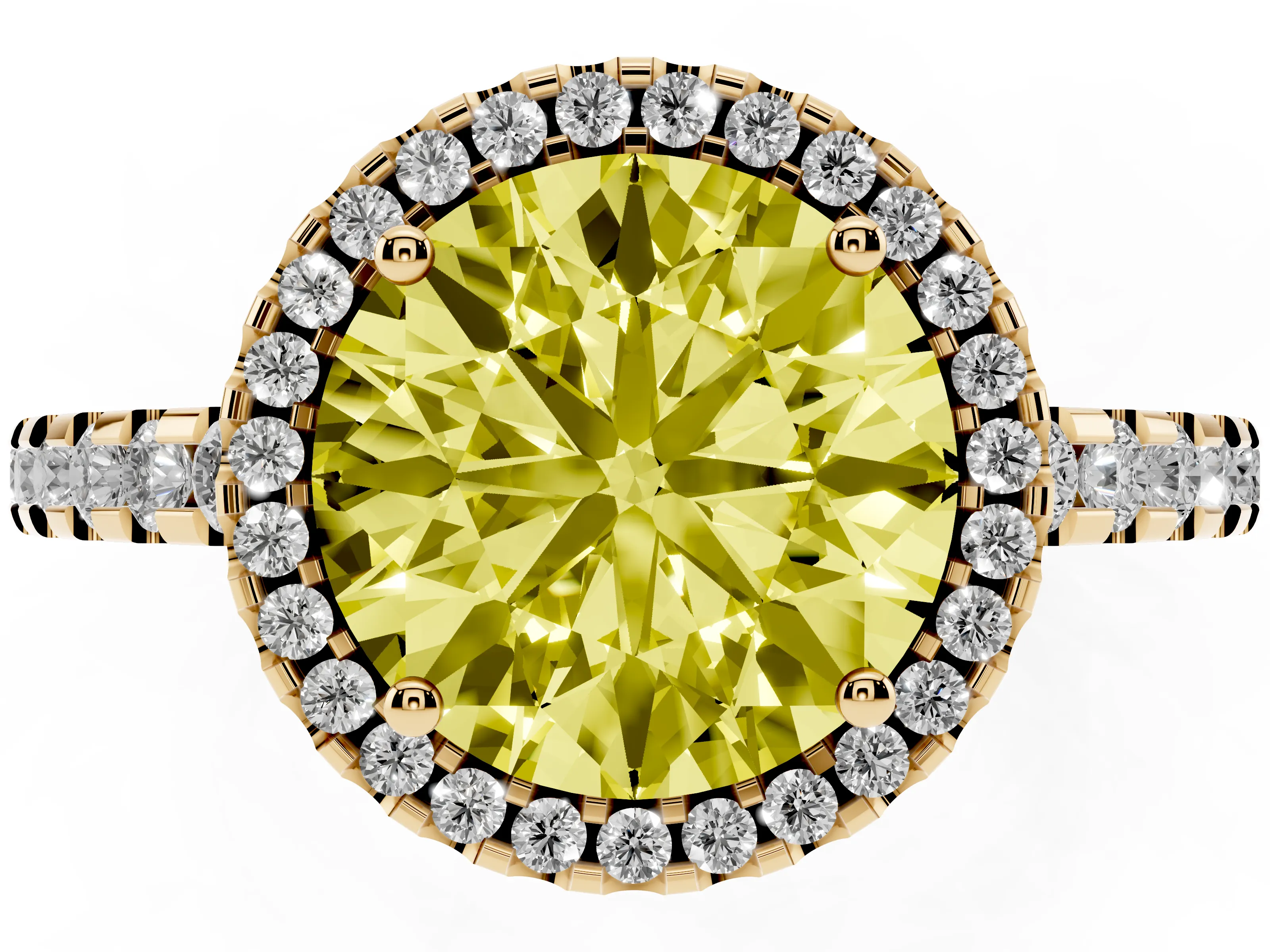 Fancy Yellow Round Cut Diamond Halo Ring Set in Yellow gold with Pavé Shoulders and Halo-Framed Center