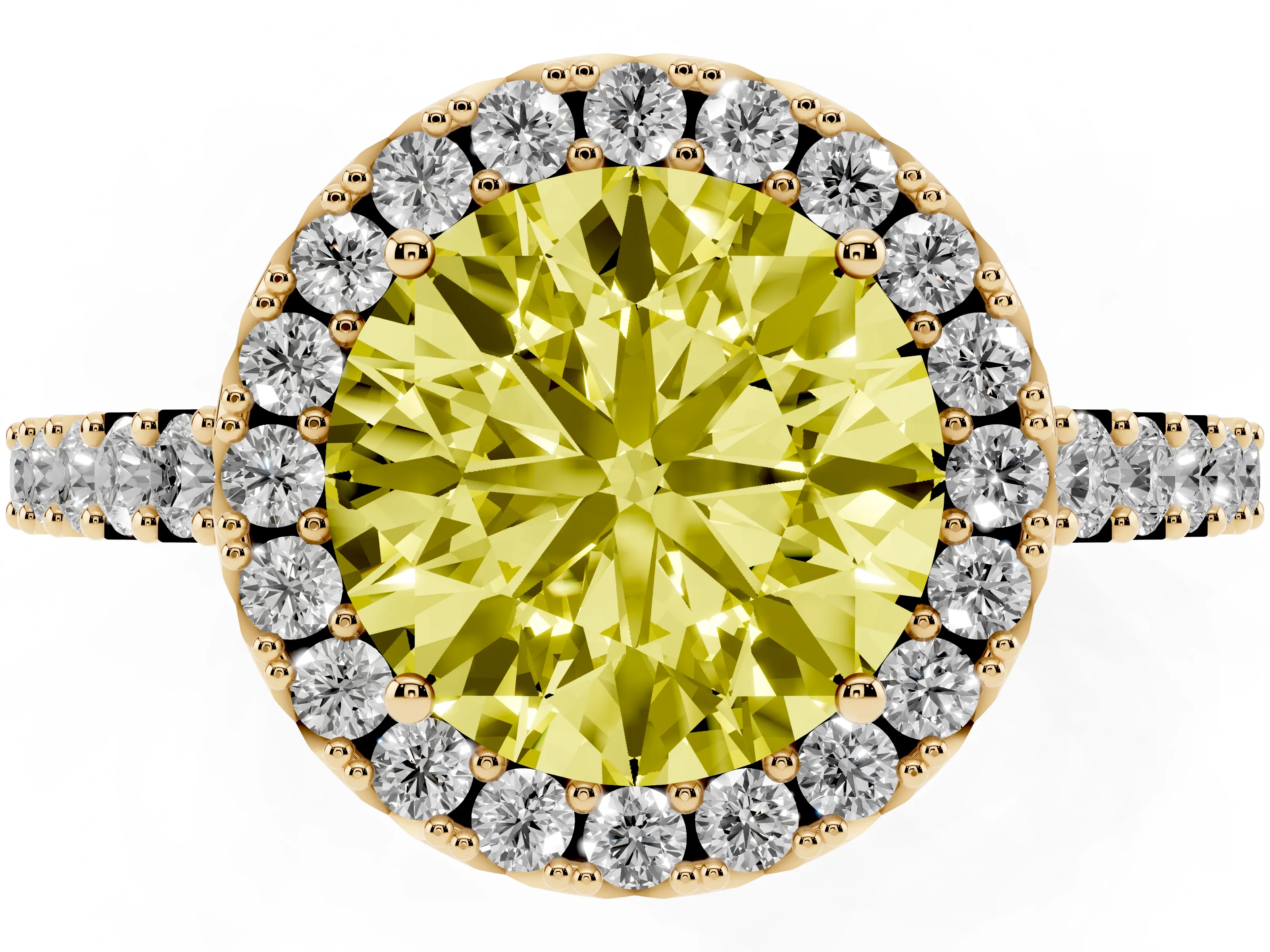Fancy Yellow Round Cut Diamond Halo Pavé Solitaire Ring Set in Yellow gold with Prong-Set Center Stone