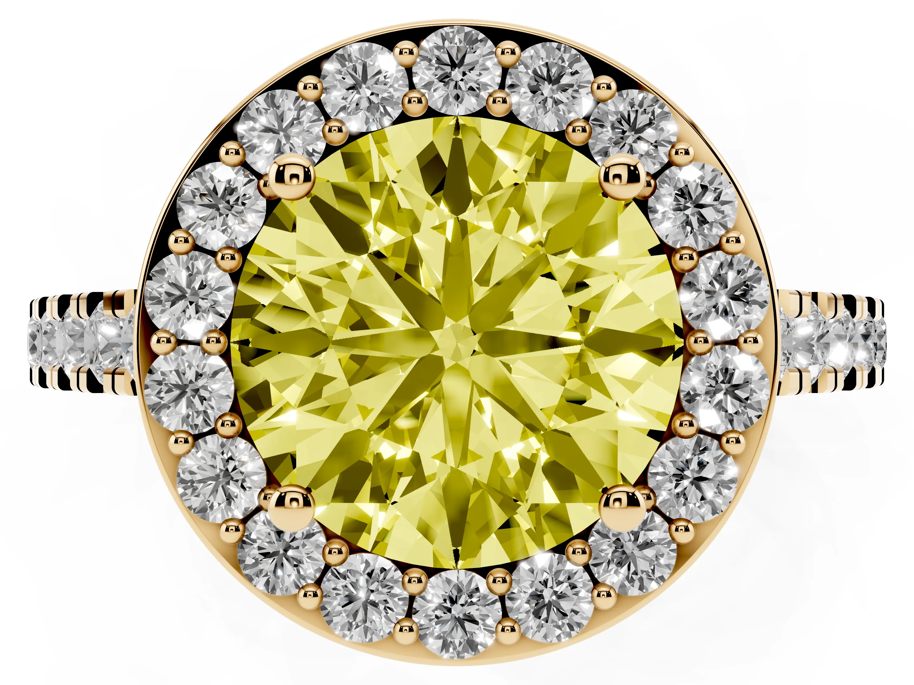 Fancy Yellow Round Cut Diamond Halo Ring Set in Yellow gold with Round Pavé Split Shank and Prong Setting