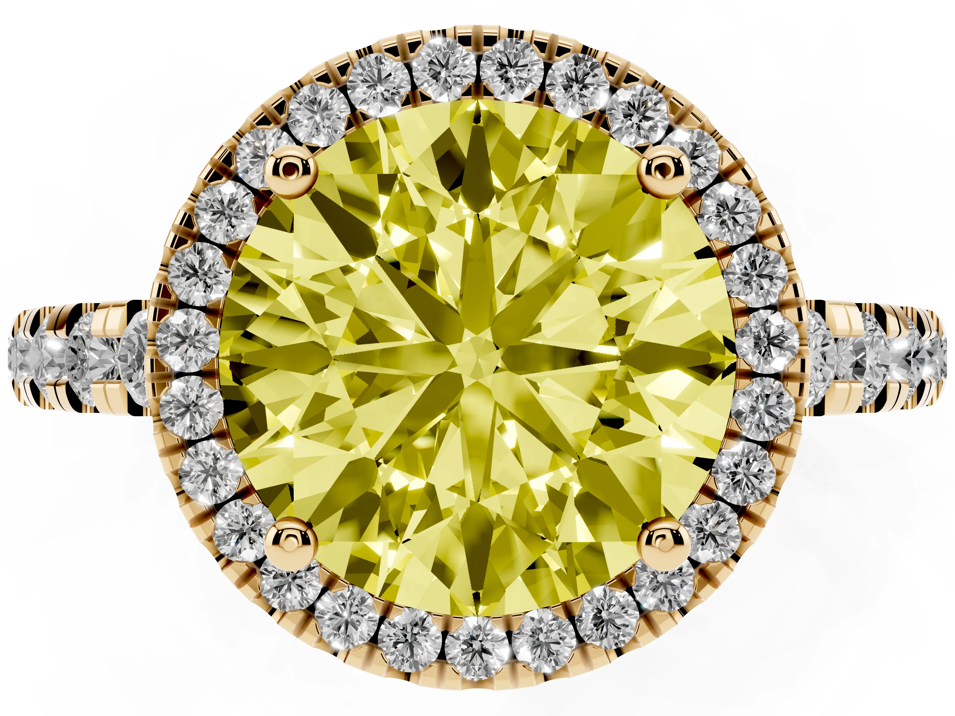Fancy Yellow Round Cut Diamond Halo Ring Set in Yellow gold with Delicate Pavé Band and Prong Setting