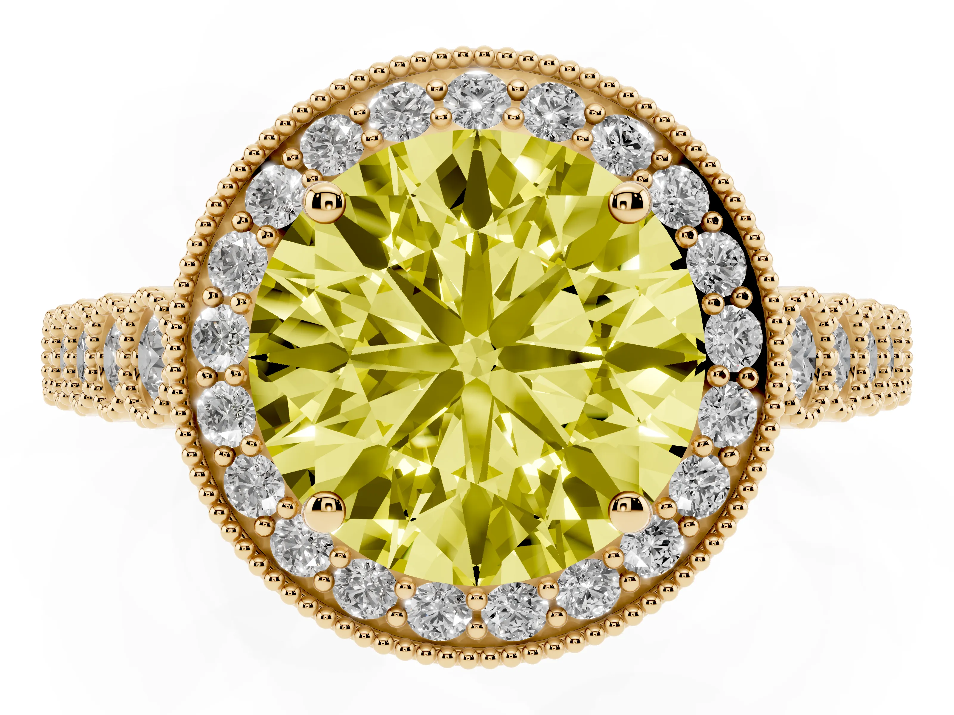 Fancy Yellow Round Cut Diamond Milgrain Halo Solitaire Ring Set in Yellow gold with Bezel Set Side Stones and Pavé Band