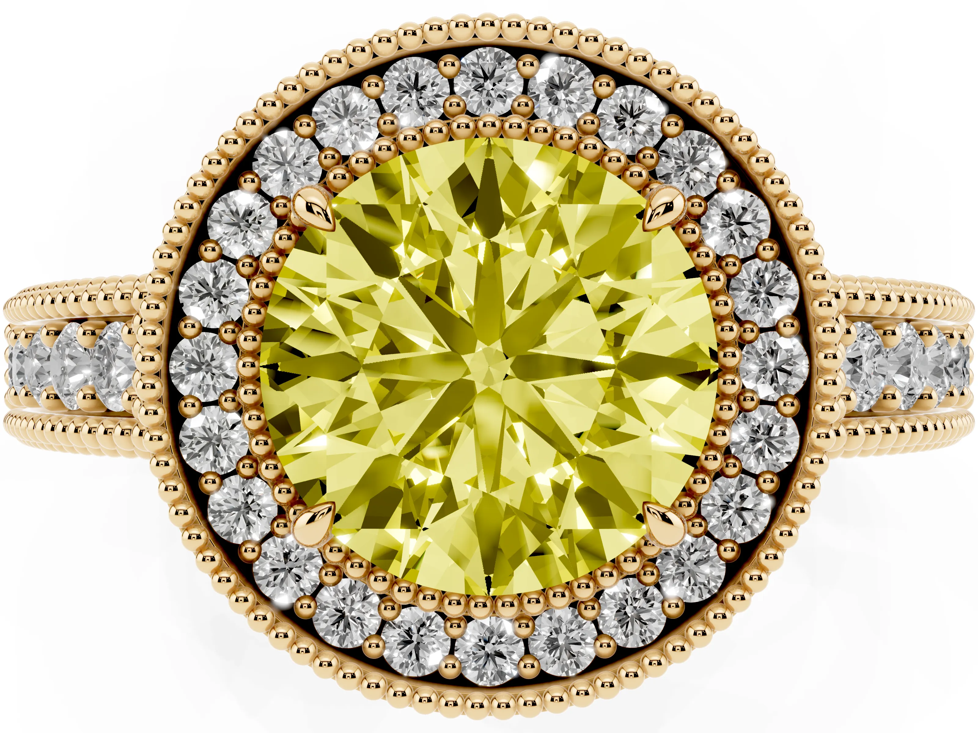 Fancy Yellow Round Cut Diamond Halo Ring Set in Yellow gold with Round Accent Halo, Pavé Band and Prong Setting