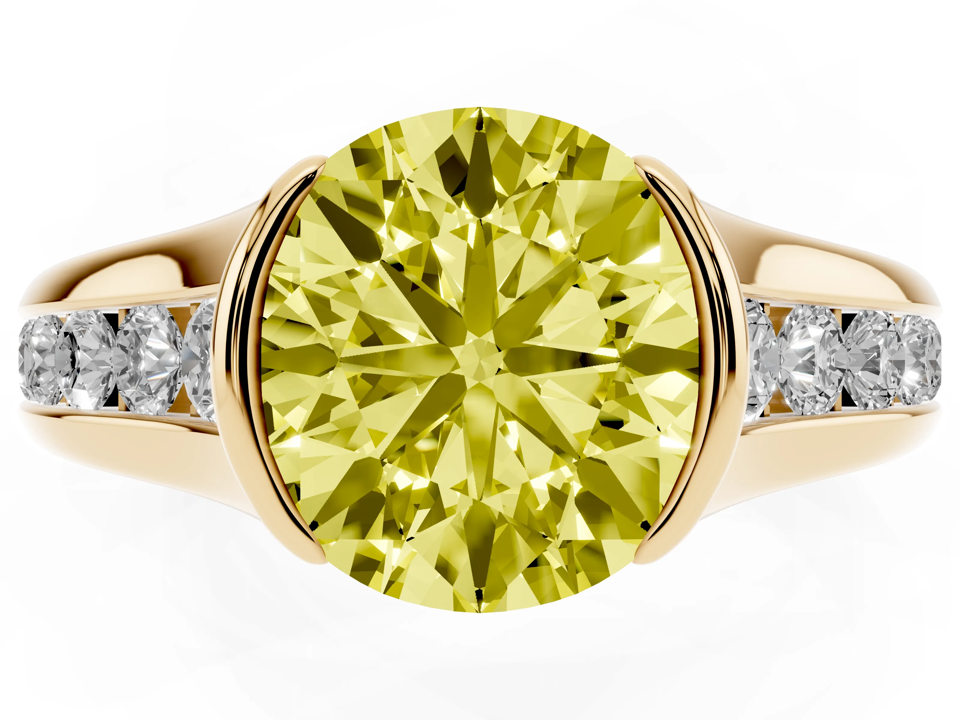 Fancy Yellow Round Cut Diamond Bezel-Set Solitaire Ring Set in Yellow gold with Channel-Set Band