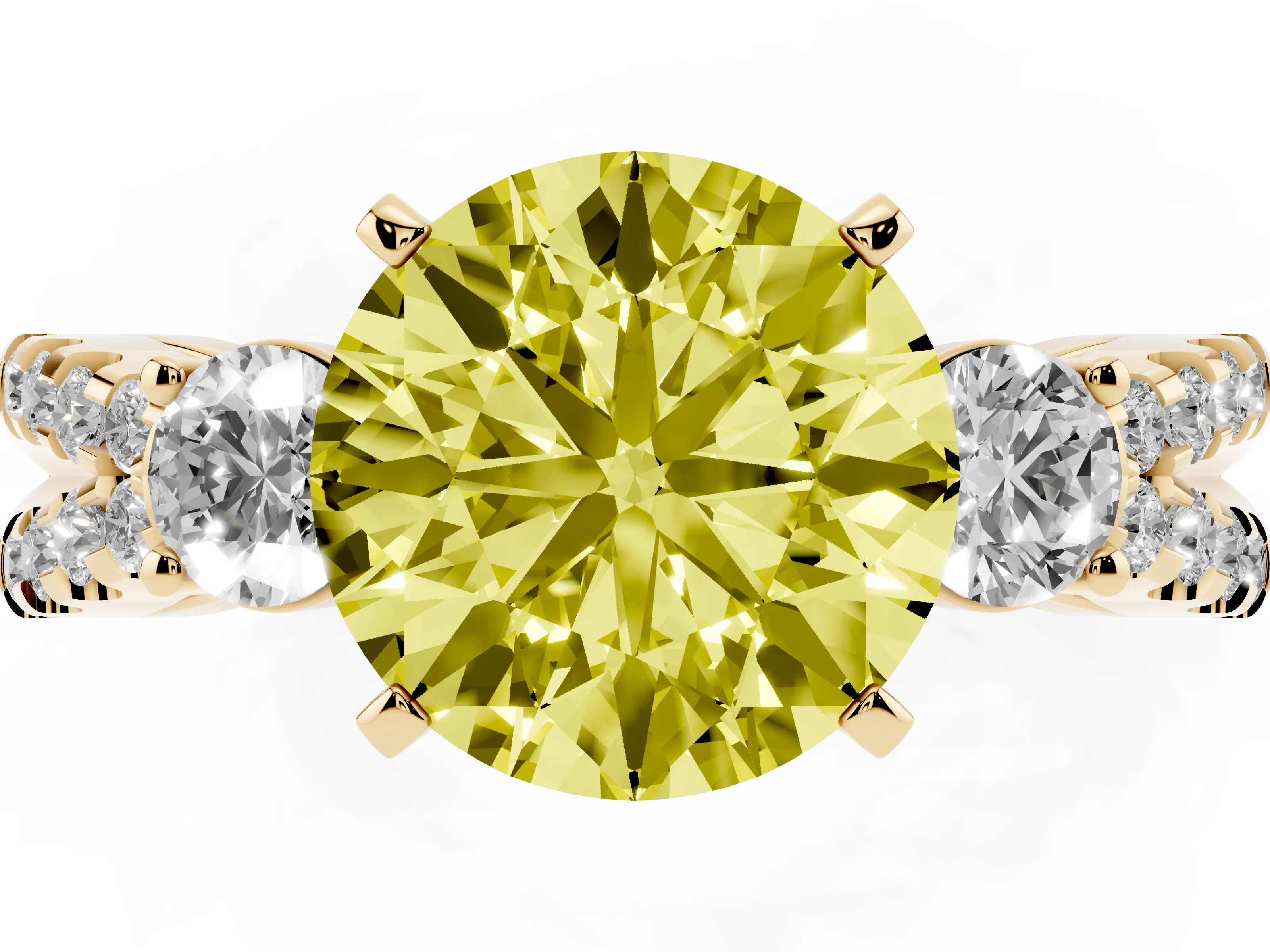 Fancy Yellow Round Cut Diamond Three-Stone Ring Set in Yellow gold with Pavé Split Shank and Prong Setting