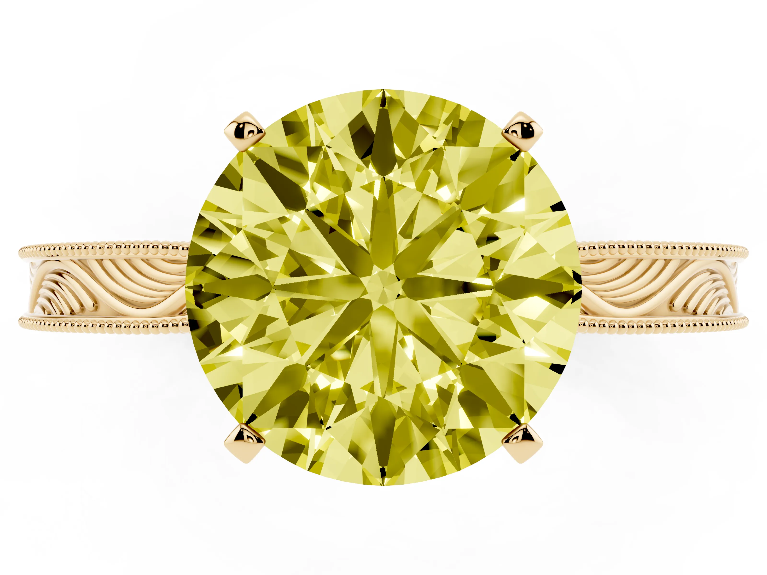 Fancy Yellow Round Cut Diamond Solitaire Milgrain Engraved Band Set in Yellow gold with Prong Setting