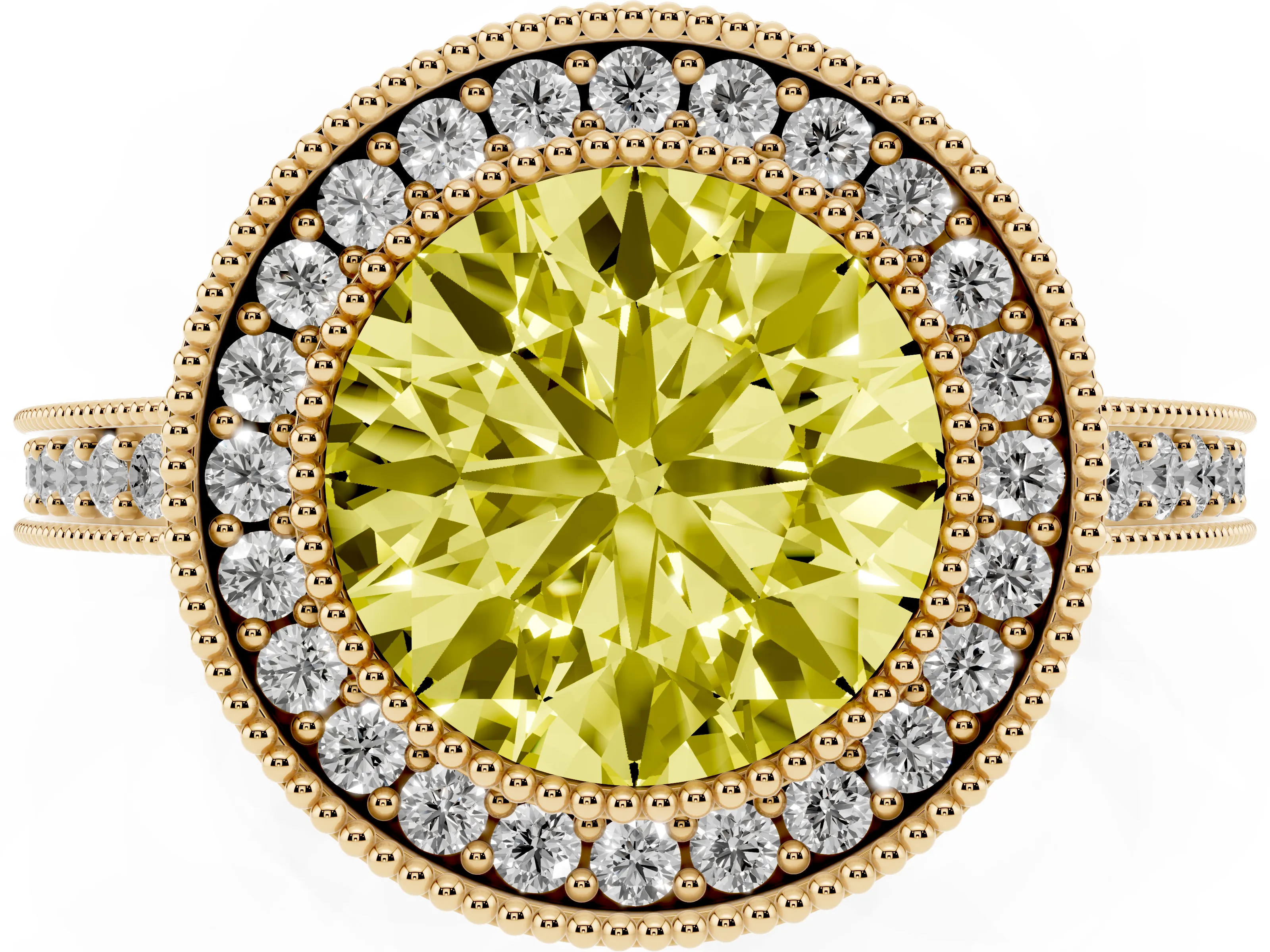 Fancy Yellow Round Cut Diamond Round Halo Ring Set in Yellow gold with Pavé Band
