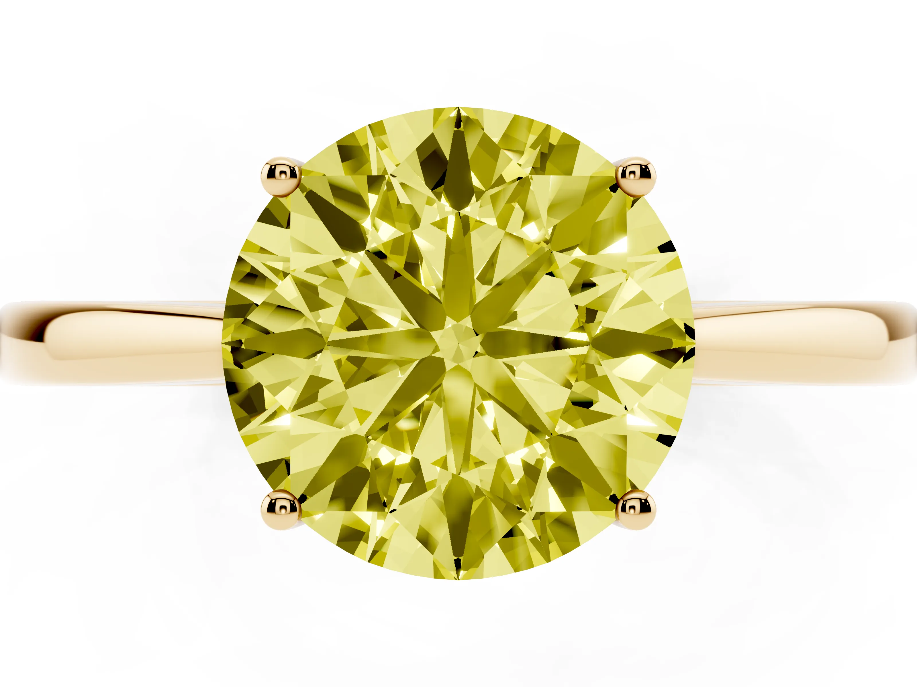 Fancy Yellow Round Cut Diamond Solitaire Ring Set in Yellow gold with Split Shank and Prong Setting