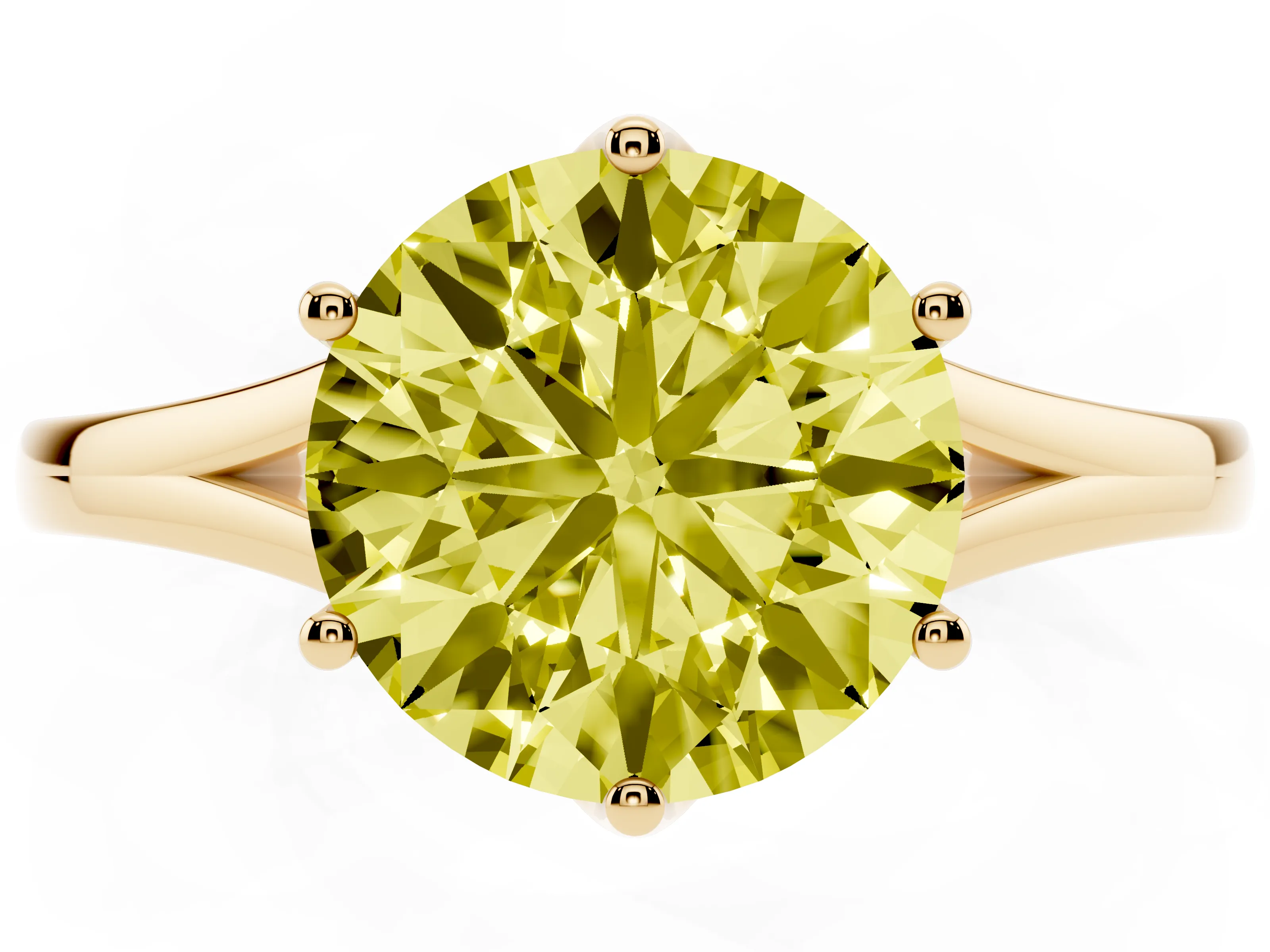 Fancy Yellow Round Cut Diamond Solitaire Ring Set in Yellow gold with Polished Tapered Band and Prong Setting