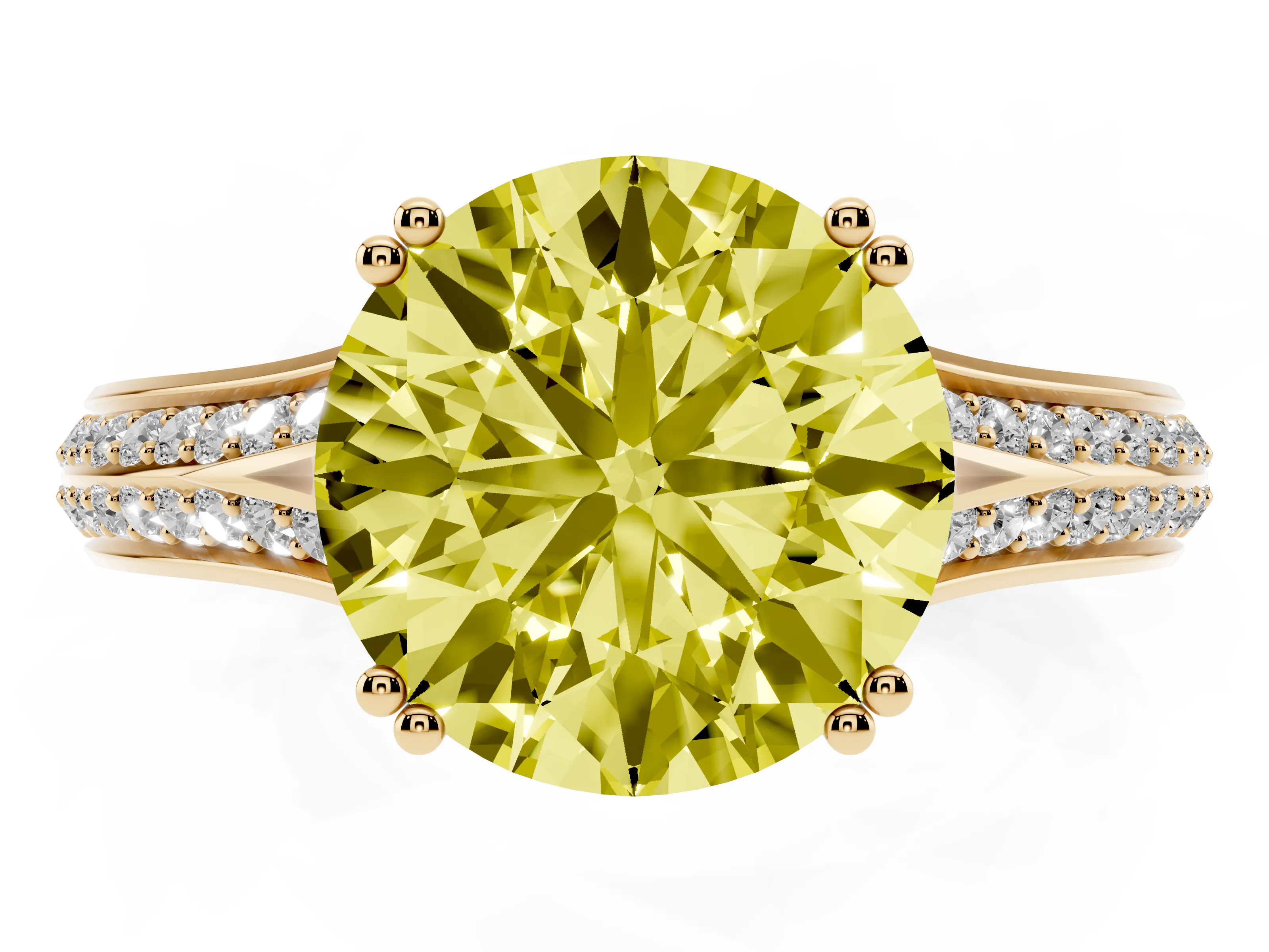 Fancy Yellow Round Cut Diamond Split Shank Pavé Engagement Ring Set in Yellow gold with Prong-Set Center Stone