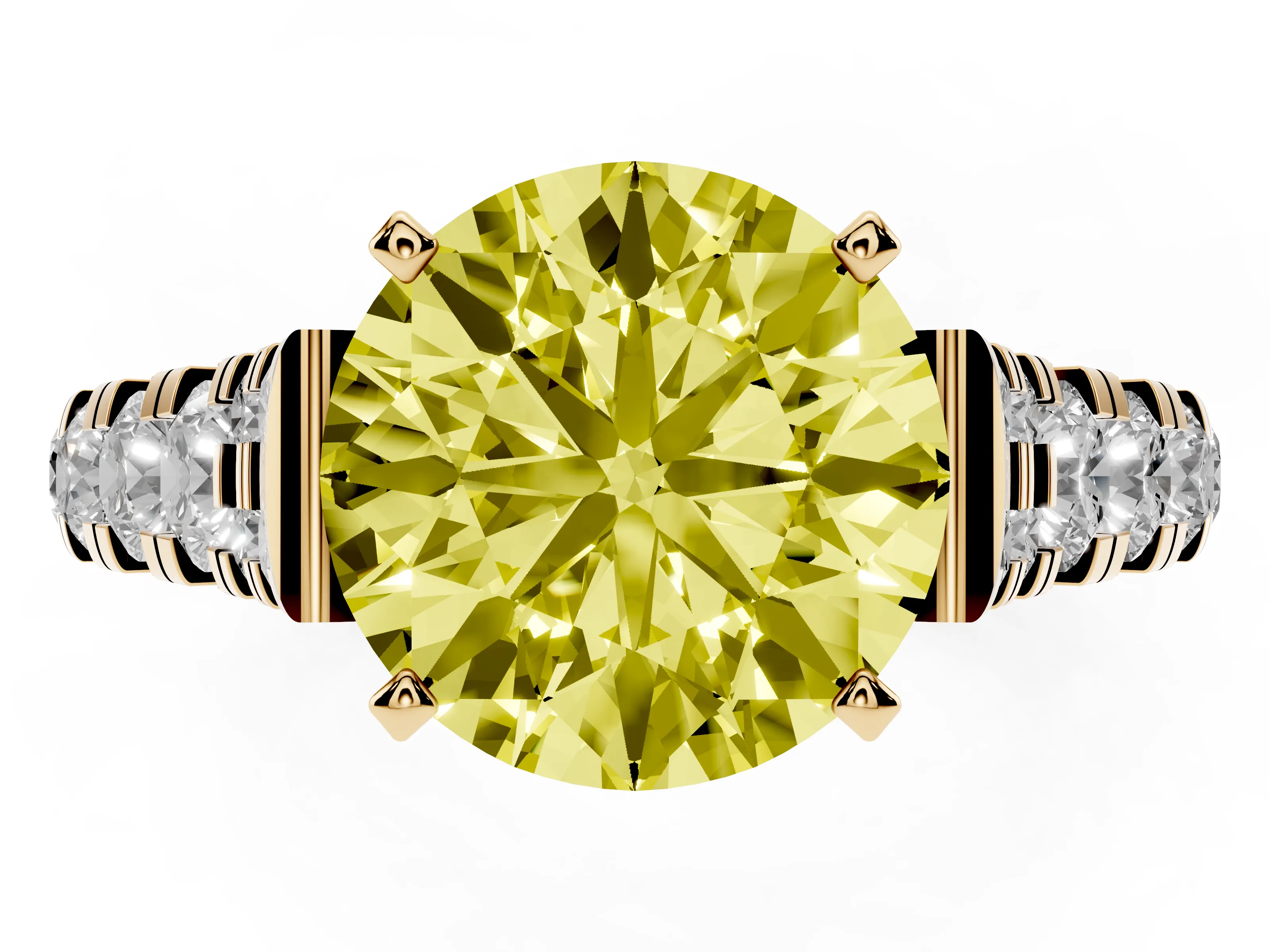 Fancy Yellow Round Cut Diamond Classic Solitaire Ring Set in Yellow gold with Pavé Band and Prong Setting