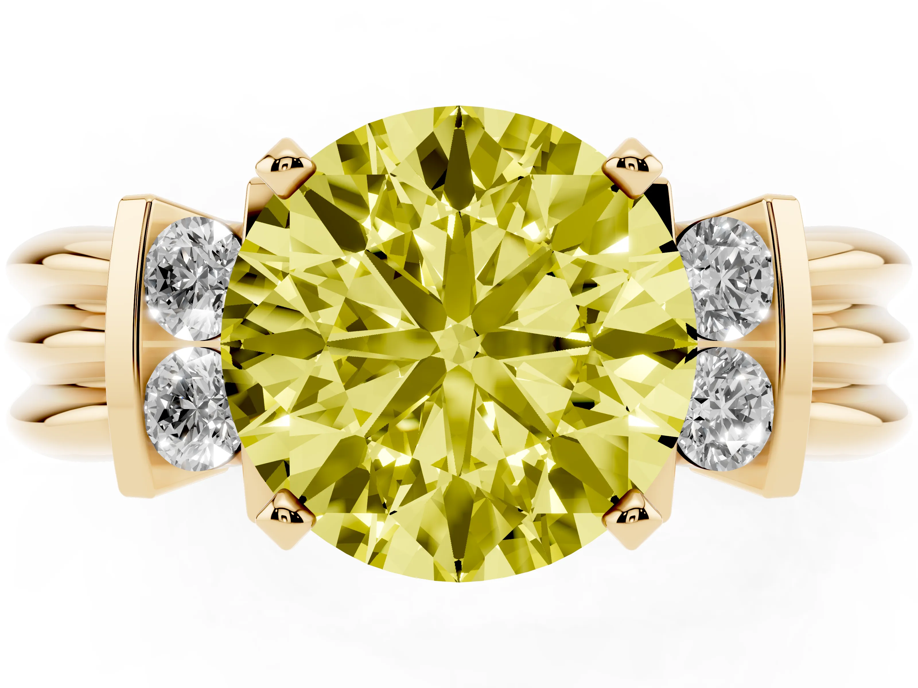 Fancy Yellow Three-Stone Round Cut Diamond Channel Set Ring Set in Yellow gold with Bar Prongs