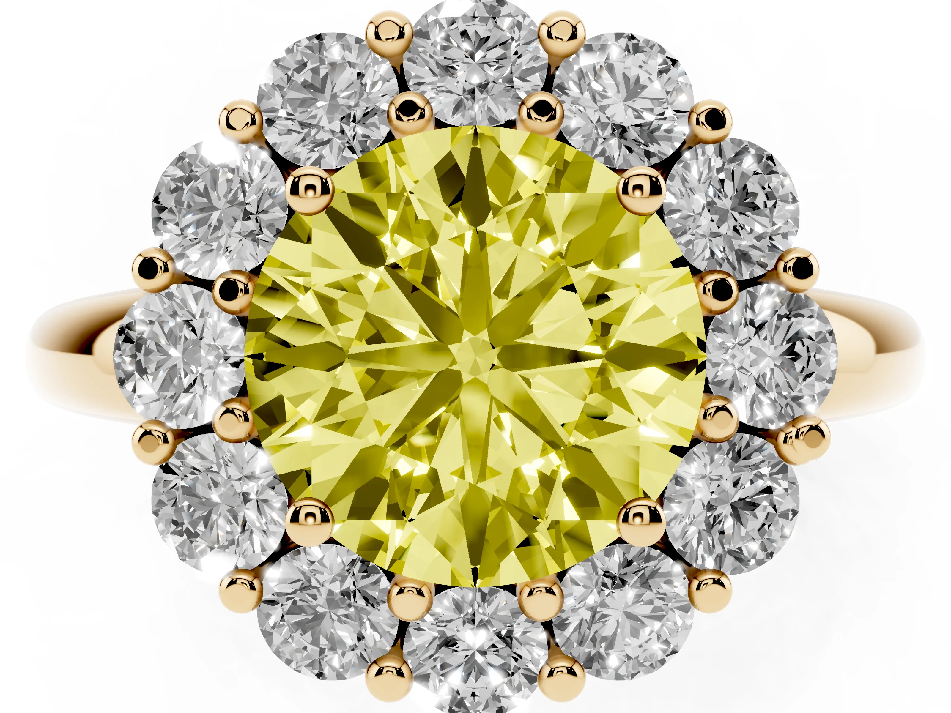 Fancy Yellow Round Cut Diamond Halo Cluster Engagement Ring Set in Yellow gold with Polished Band and Prong Setting