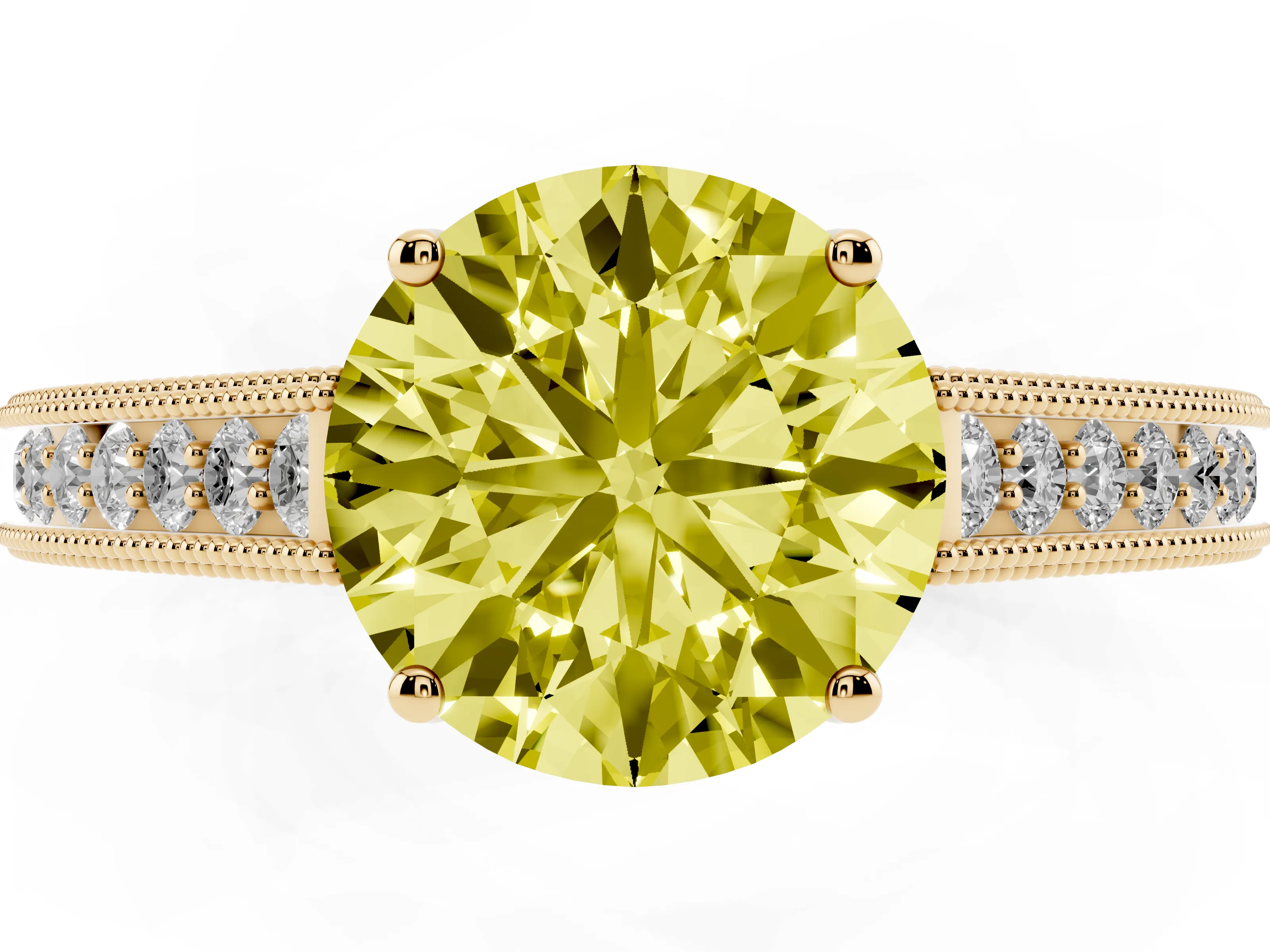 Fancy Yellow Round Cut Diamond Milgrain Pavé Band Solitaire Ring Set in Yellow gold with Prong Setting