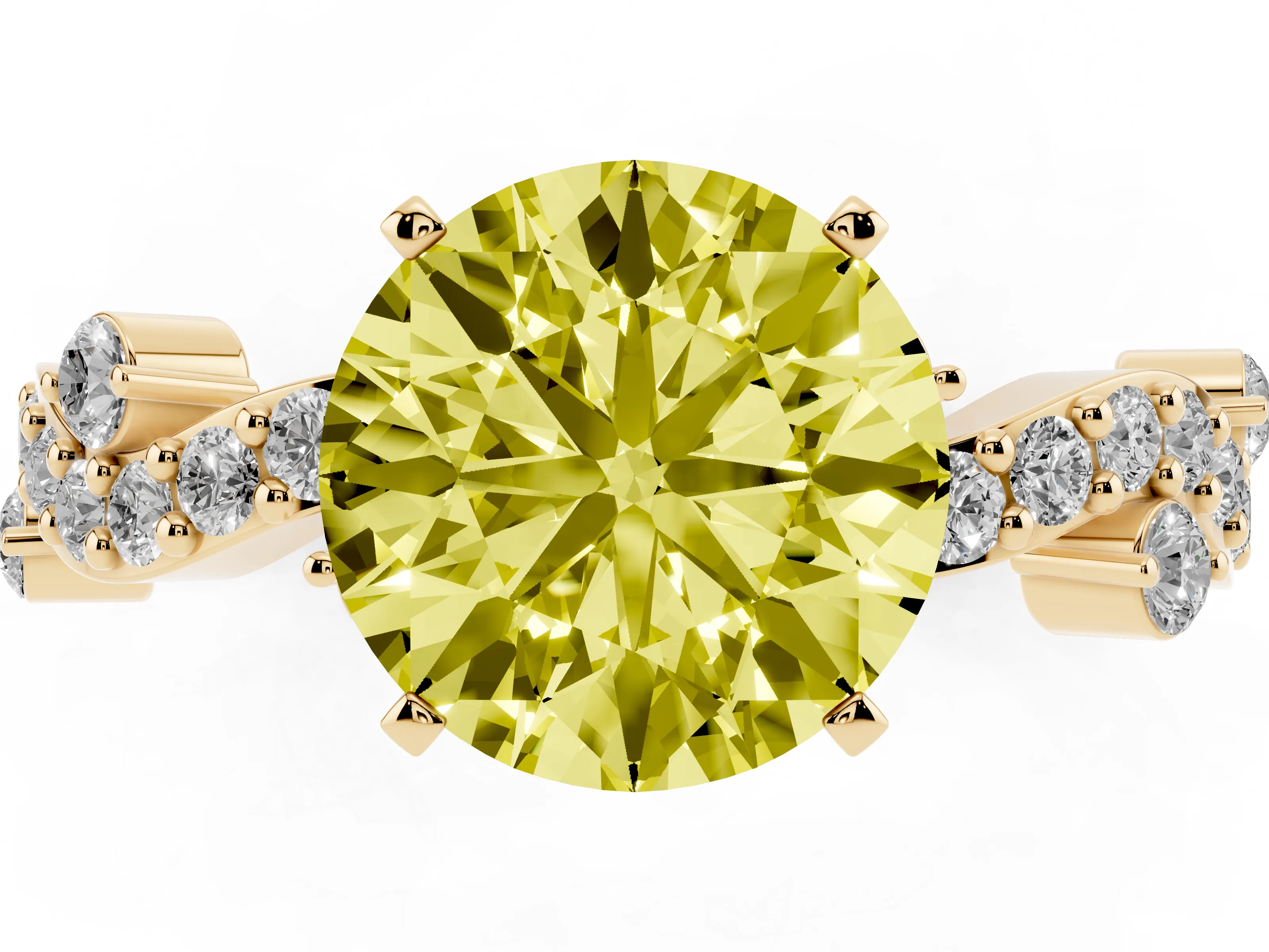 Fancy Yellow Round Cut Diamond Solitaire Twisted Band Set in Yellow gold with Pavé Setting