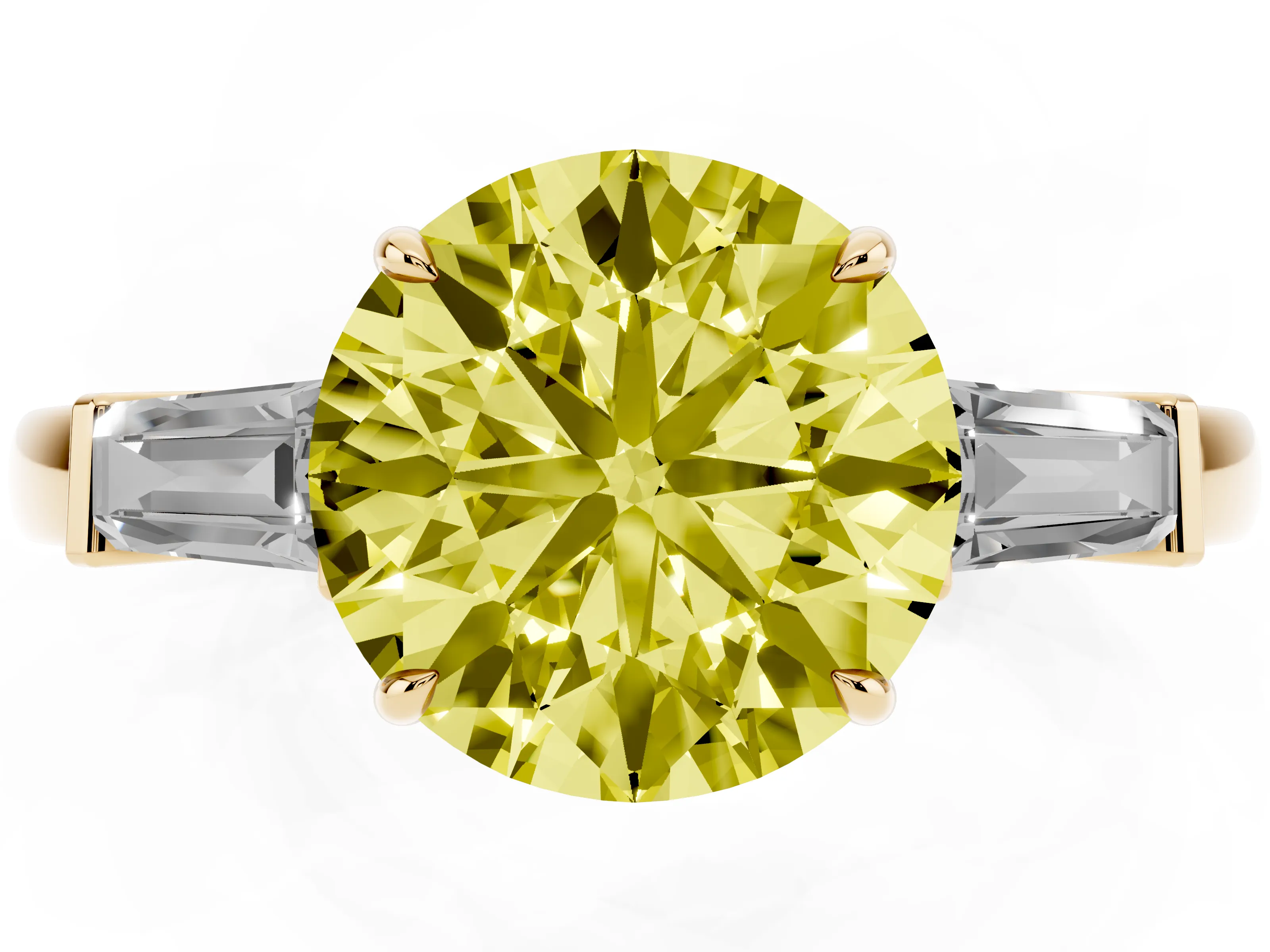 Fancy Yellow Round Cut Diamond Three-Stone Ring Set in Yellow gold with Tapered Baguette Side Stones and Prong Setting