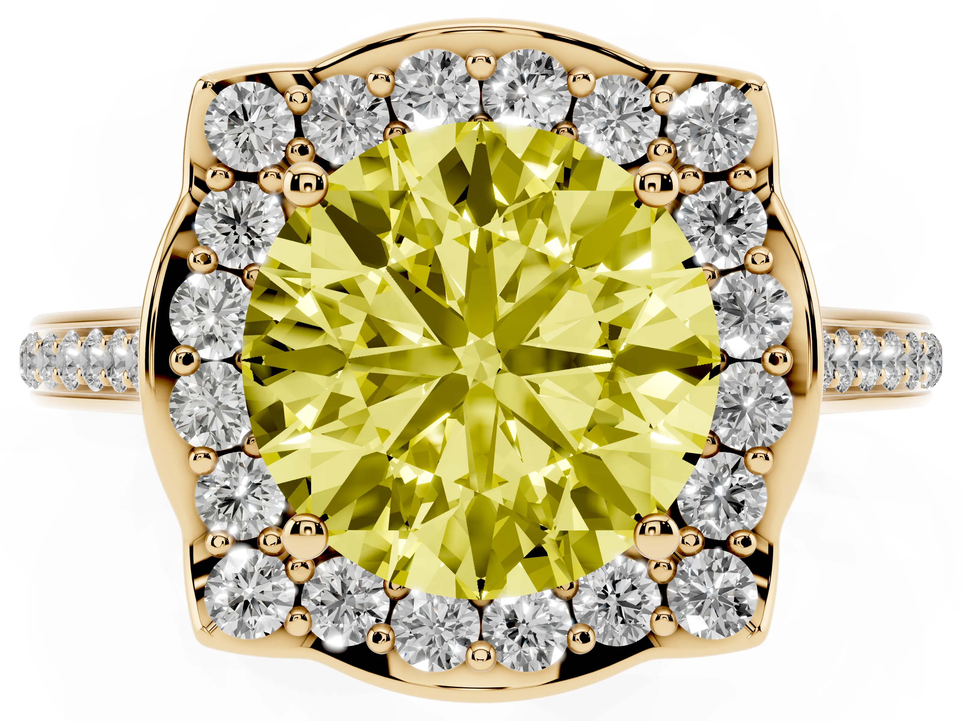 Fancy Yellow Round Cut Diamond Halo Ring Set in Yellow gold with Pavé-Lined Shoulders and Prong Setting