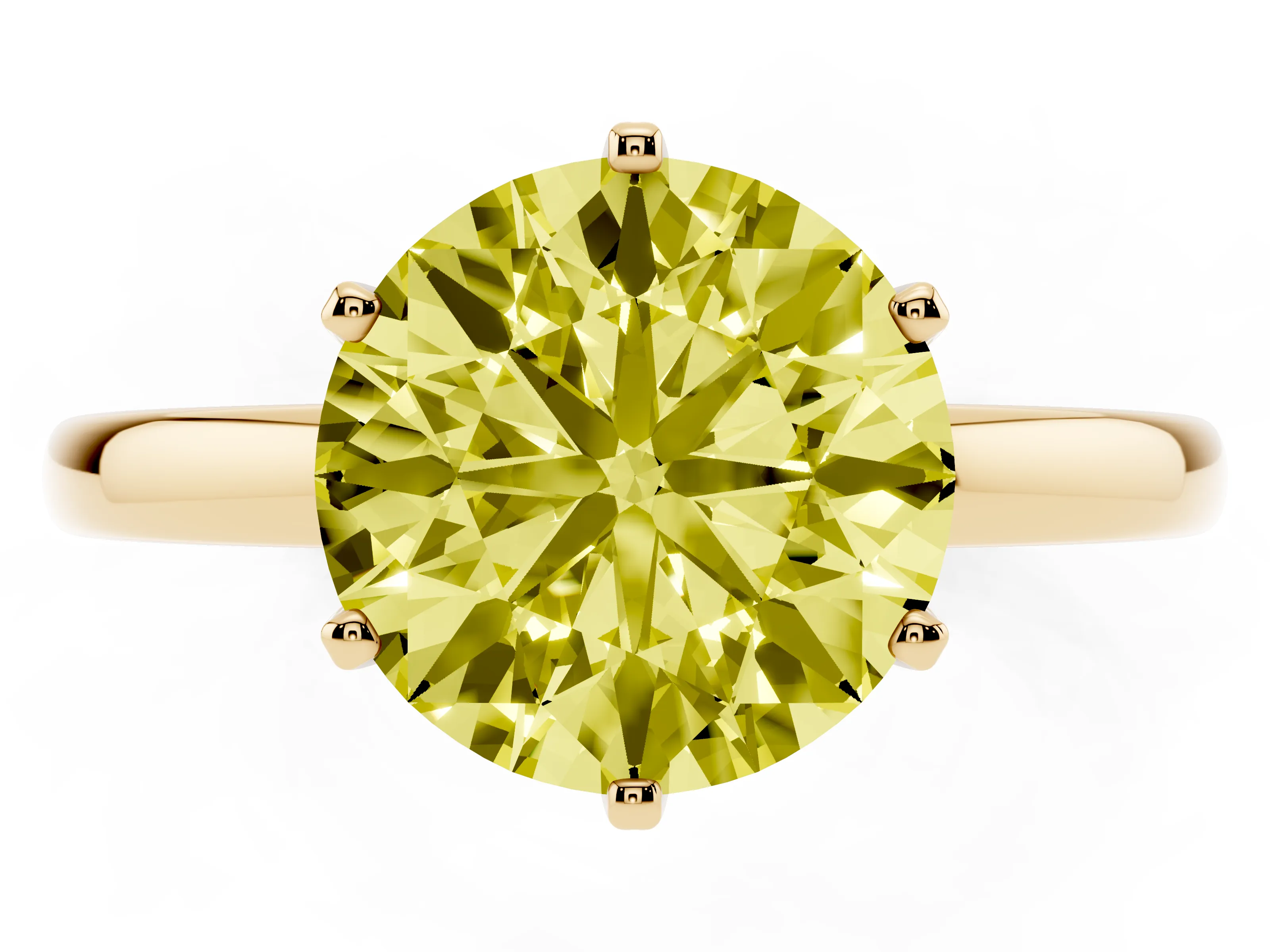 Fancy Yellow Round Cut Diamond Solitaire Ring Set in Yellow gold with Raised Prong Setting on a Classic Band
