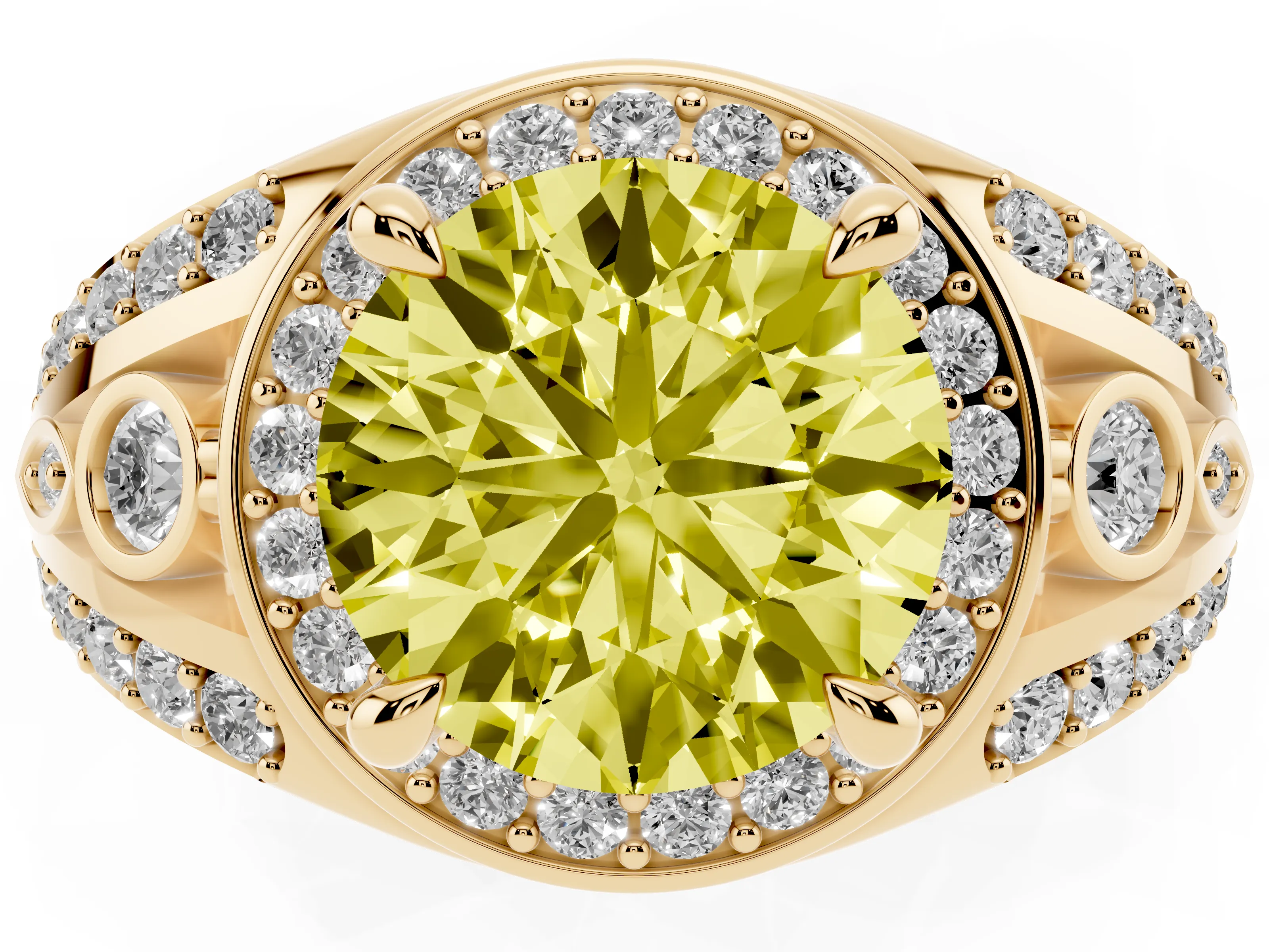 Fancy Yellow Round Cut Diamond Halo Ring Set in Yellow gold with Pavé Split Shank and Bezel Accents