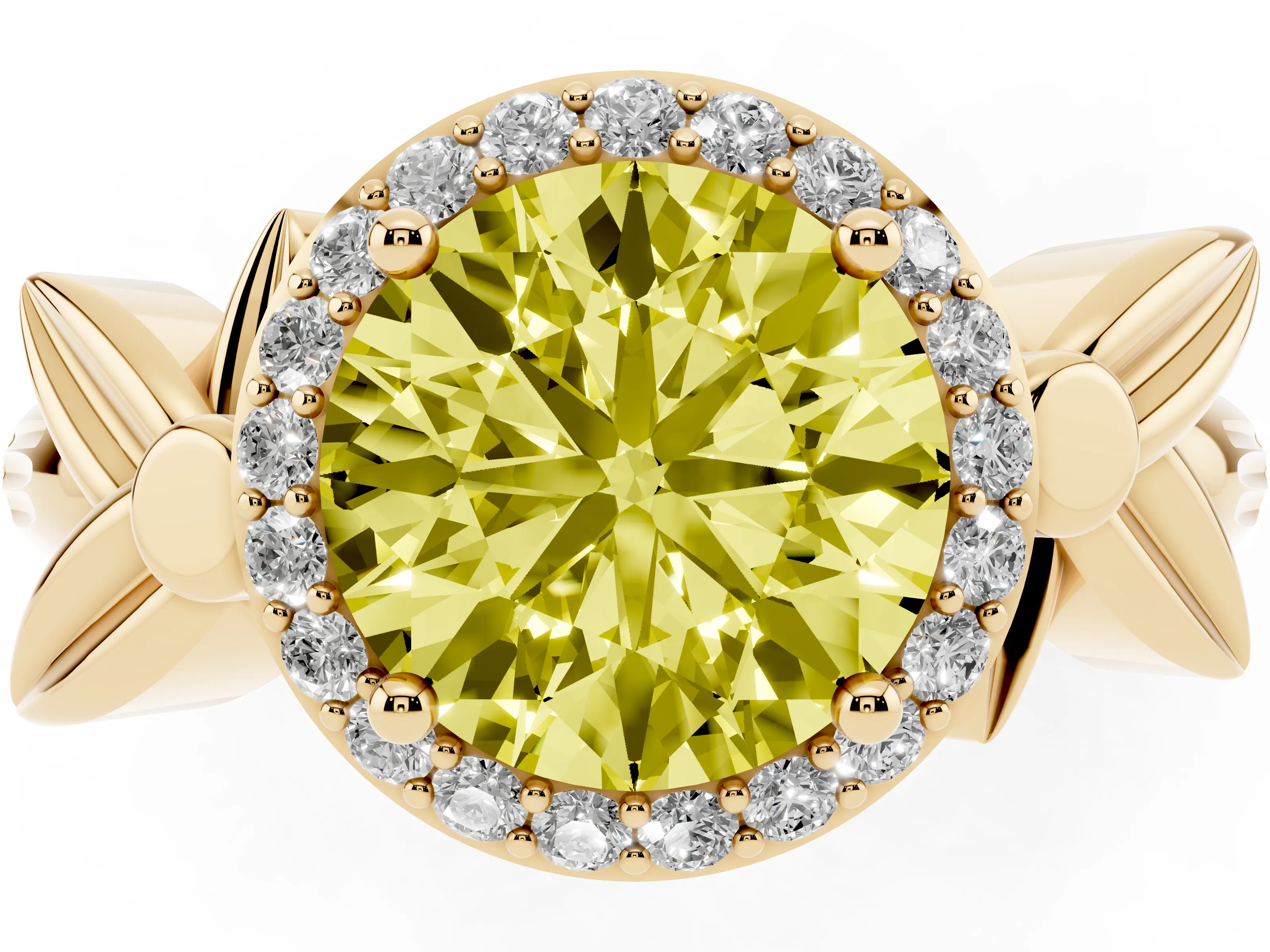 Fancy Yellow Round Cut Diamond Halo Floral Band Ring Set in Yellow gold with Prong Setting