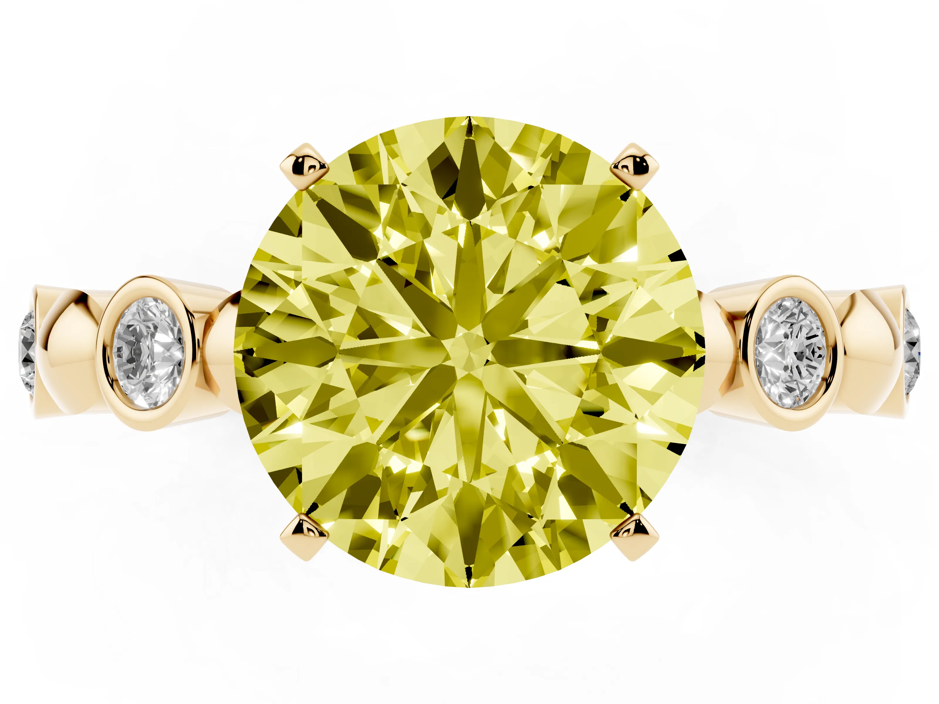 Fancy Yellow Round Cut Diamond Solitaire Ring Set in Yellow gold with Bezel-Set Accents on Beaded Band and Prong Setting